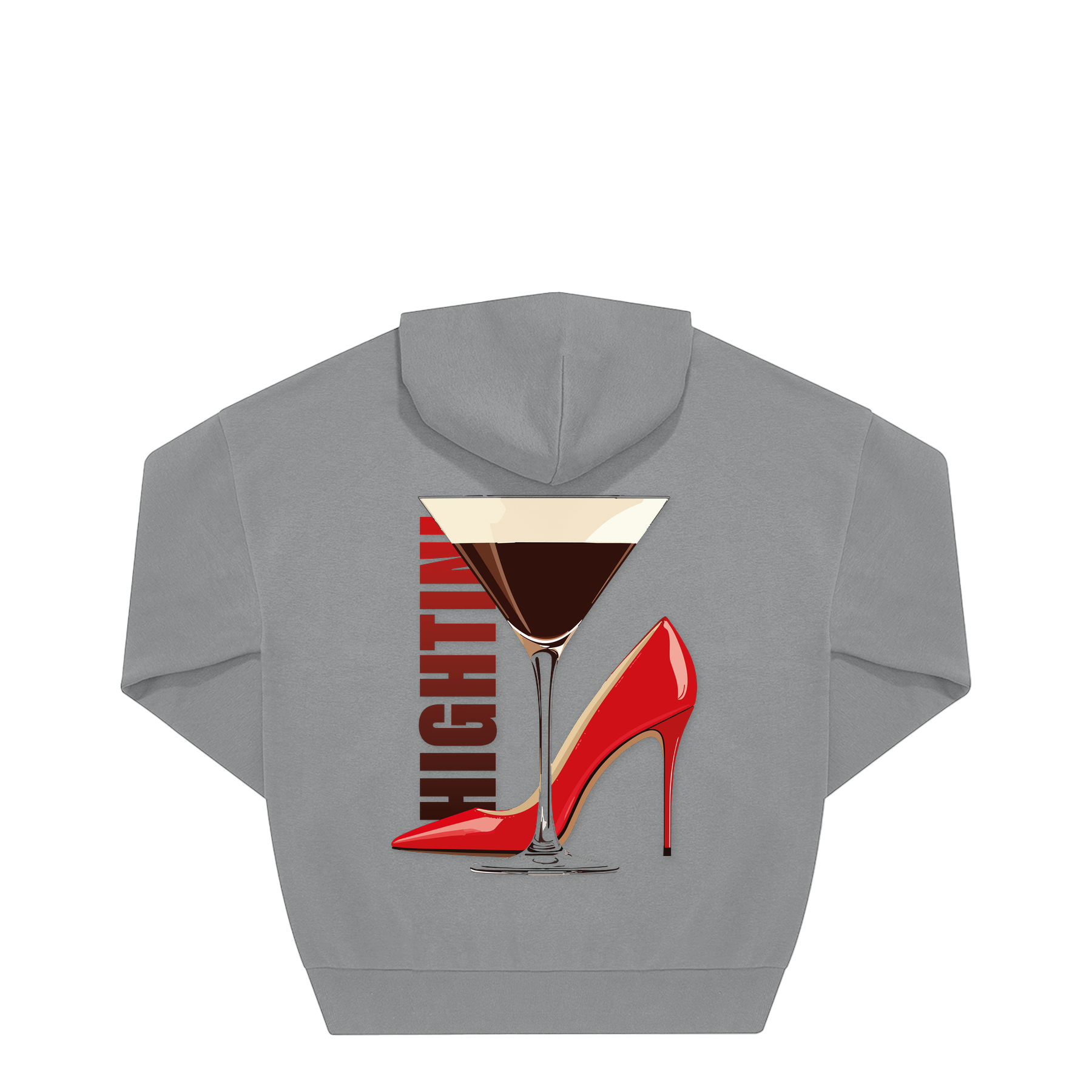 Grauer Hoodie mit rotem High Heel & Martini-Glas Motiv, nachhaltig – einzigartigbunt