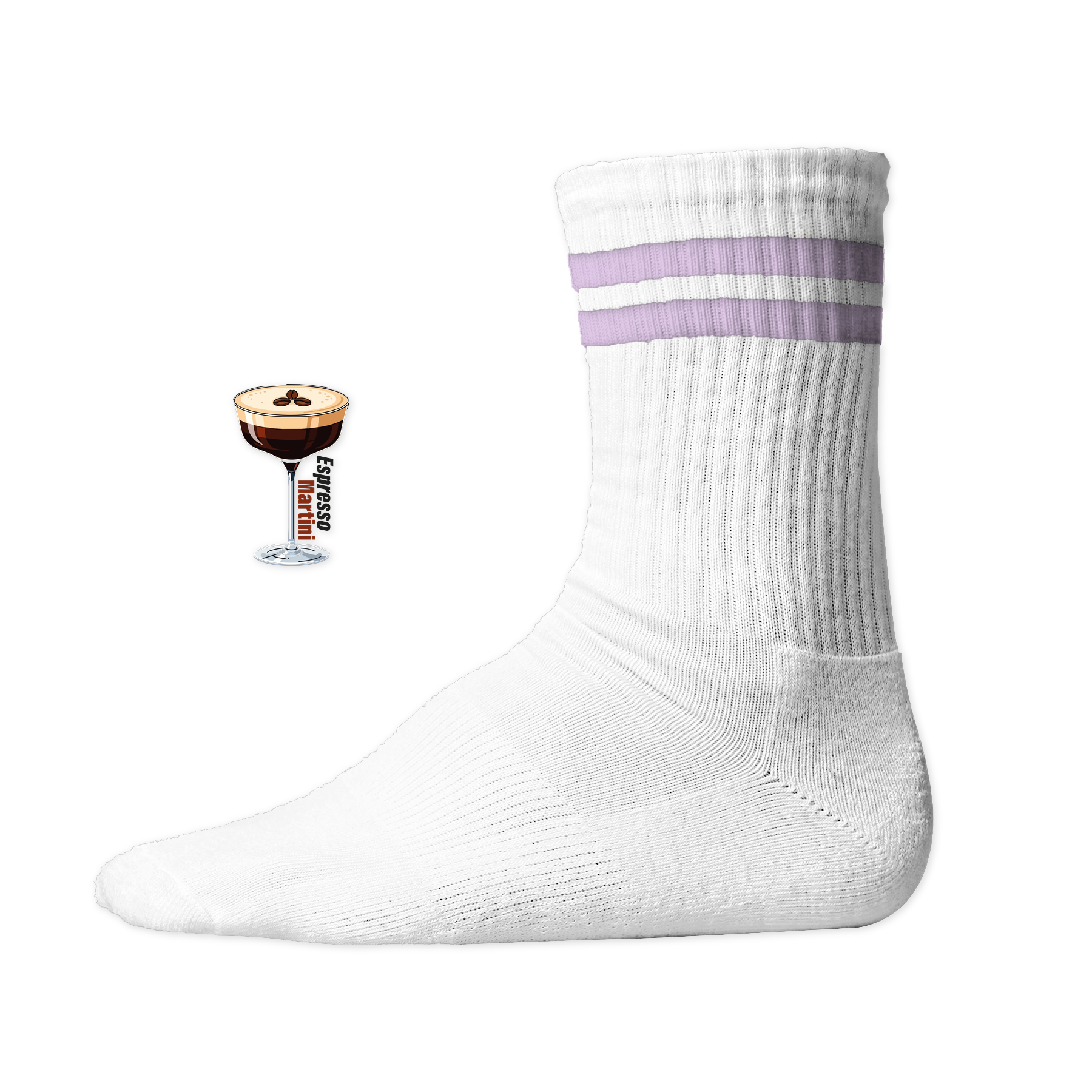 Weiße Tennis Socke mit einem gestickten Espresso Martini Glas und Text auf der Schaftseite. Lilac Stripes