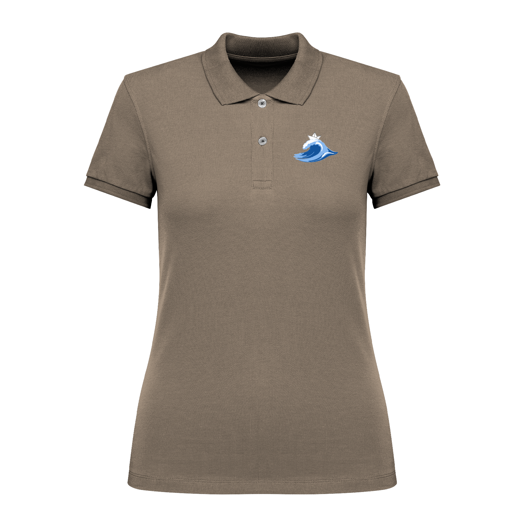 Braunes Polo-Shirt mit blauer Welle und Segelboot-Motiv, nachhaltig – einzigartigbunt
