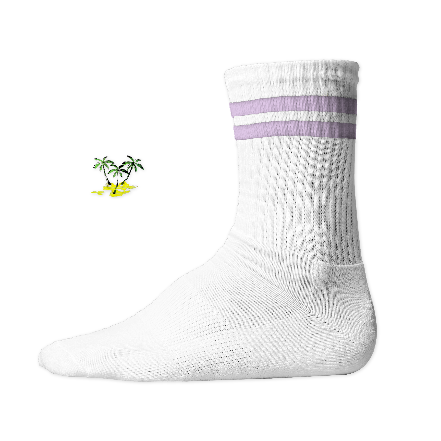 Weiße, gerippte Tennis Socke mit einem sommerlichen Palmen- und Strand-Druckmotiv auf der Schaftseite. Lilac Stripes