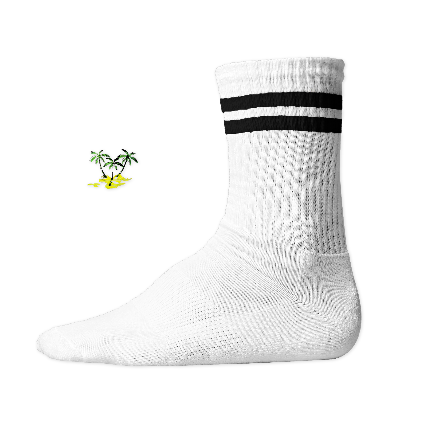 Weiße, gerippte Tennis Socke mit einem sommerlichen Palmen- und Strand-Druckmotiv auf der Schaftseite. Black Stripes