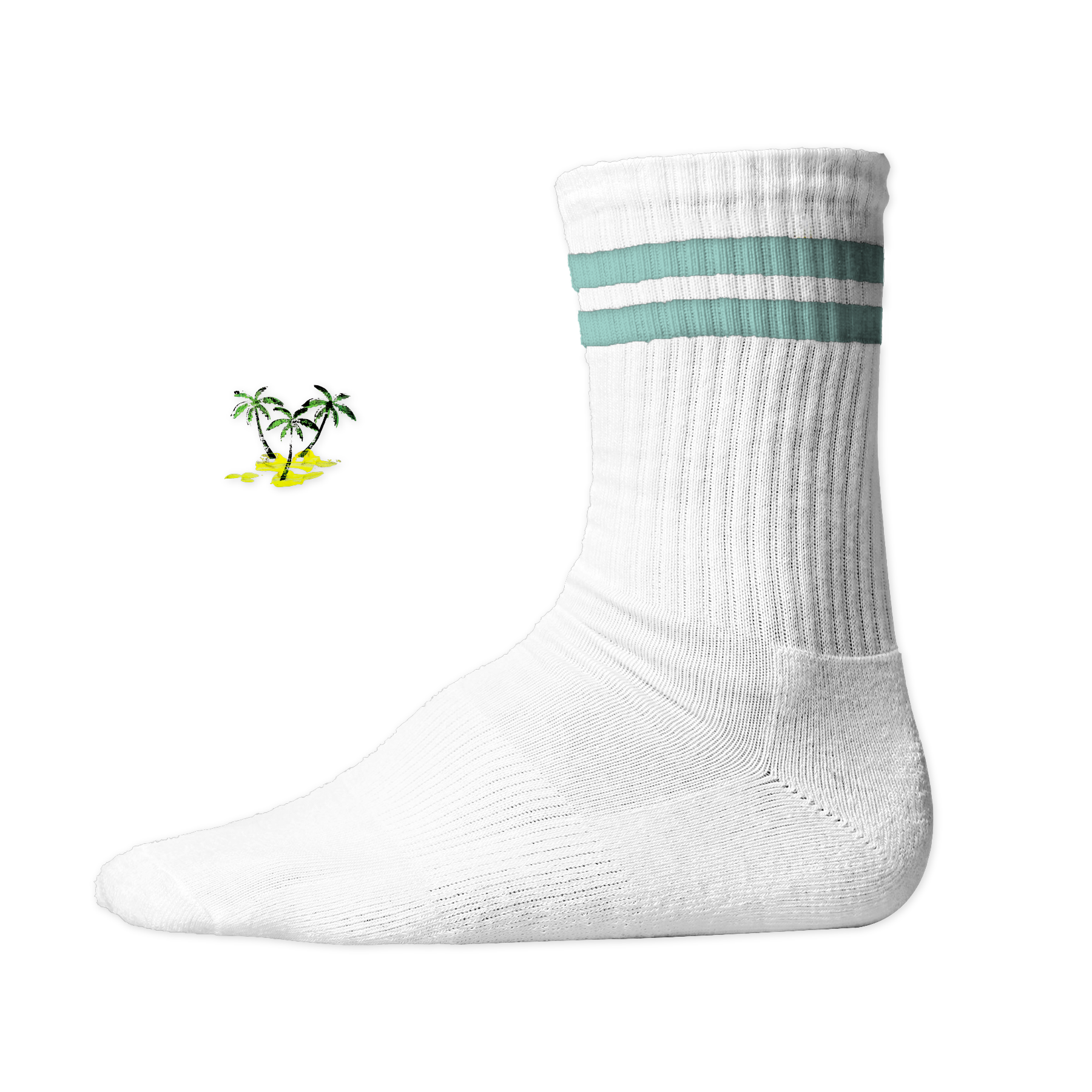 Weiße, gerippte Tennis Socke mit einem sommerlichen Palmen- und Strand-Druckmotiv auf der Schaftseite. Mint Stripes
