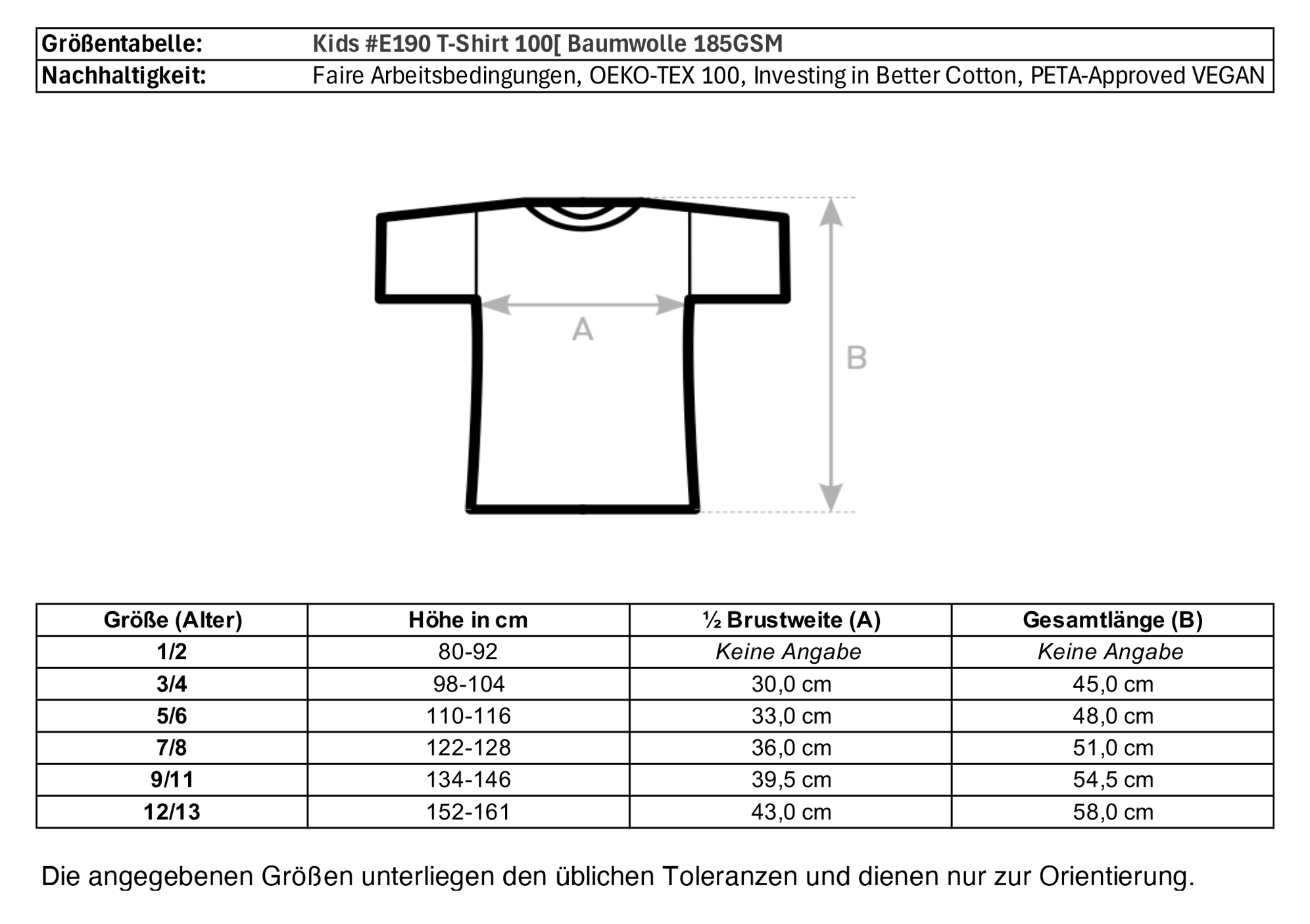 Größentabelle für Kids T-Shirt aus nachhaltiger Baumwolle mit Maßen für Brustweite und Gesamtlänge – einzigartigbunt