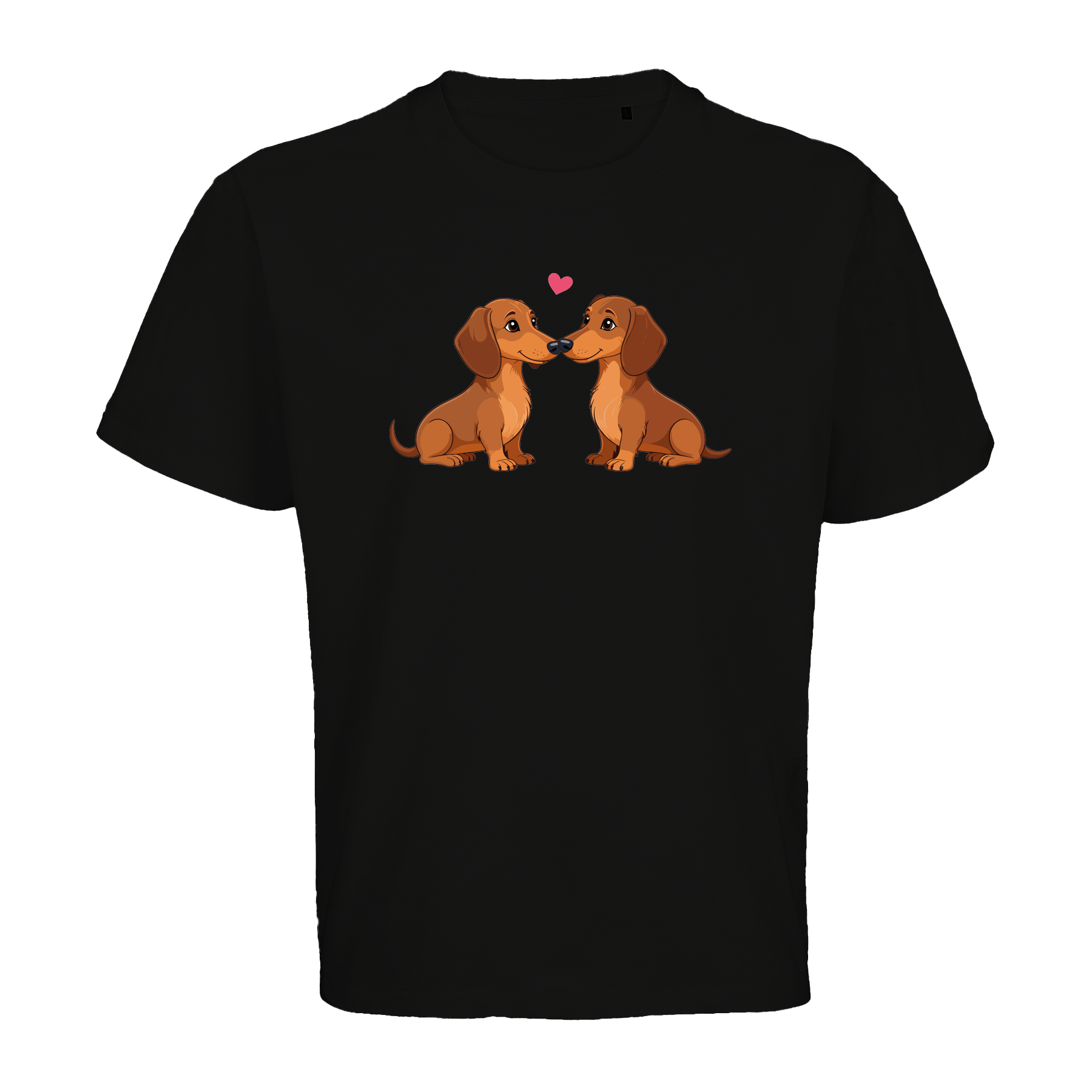 Zwei verliebte Dackel mit Herz auf schwarzem T-Shirt, nachhaltig – einzigartigbunt