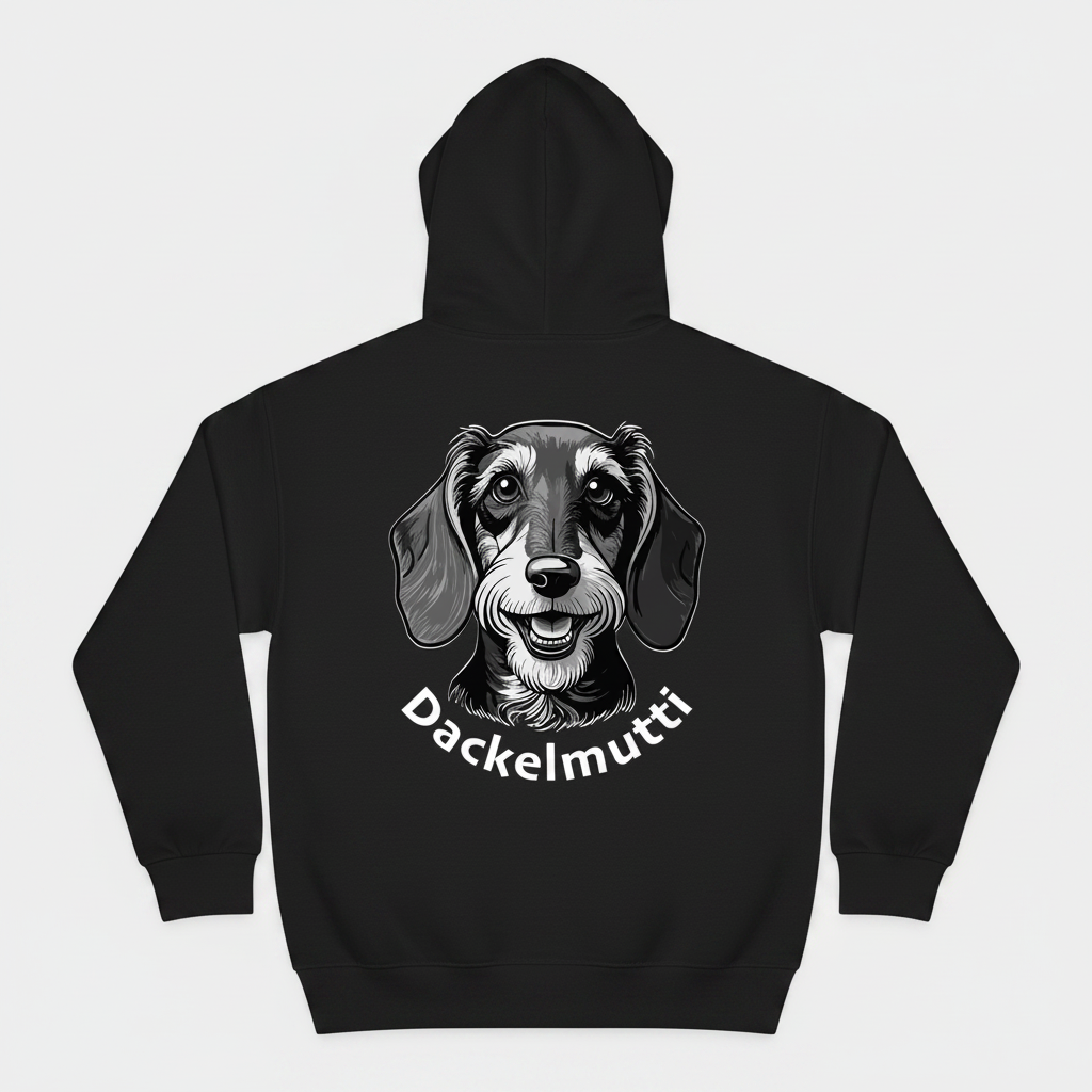 Moderner Oversized-Hoodie Schwarz in der Rückansicht mit einem großen Print-Motiv eines Dackelkopfes und dem geschwungenen Schriftzug Dackelmutti.