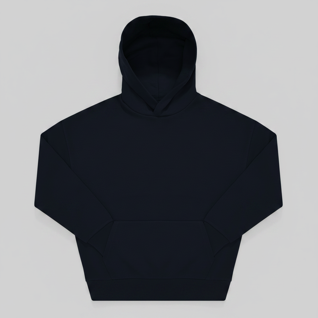 Moderner Oversized Hoodie Blau von Vorne in der Rückansicht mit einem großen Print Motiv eines Dackelkopfes und dem geschwungenen Schriftzug Dackelpapi.