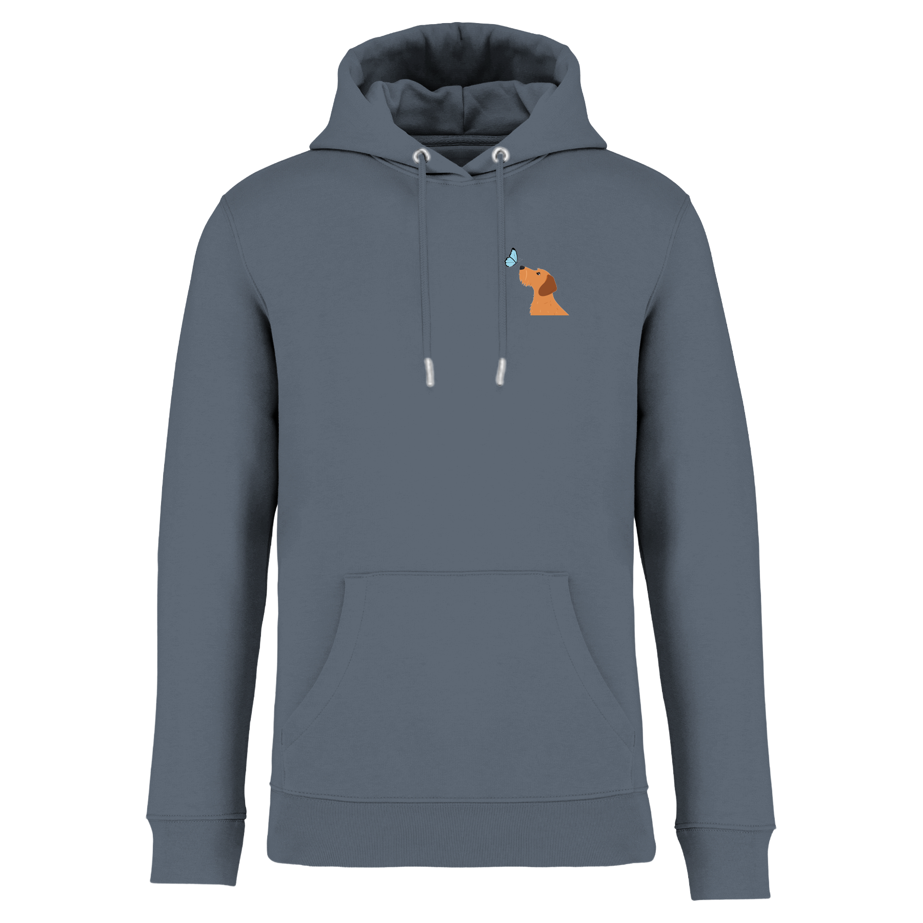 Grauer Hoodie mit Dackel-Motiv und Schmetterling, nachhaltig – einzigartigbunt