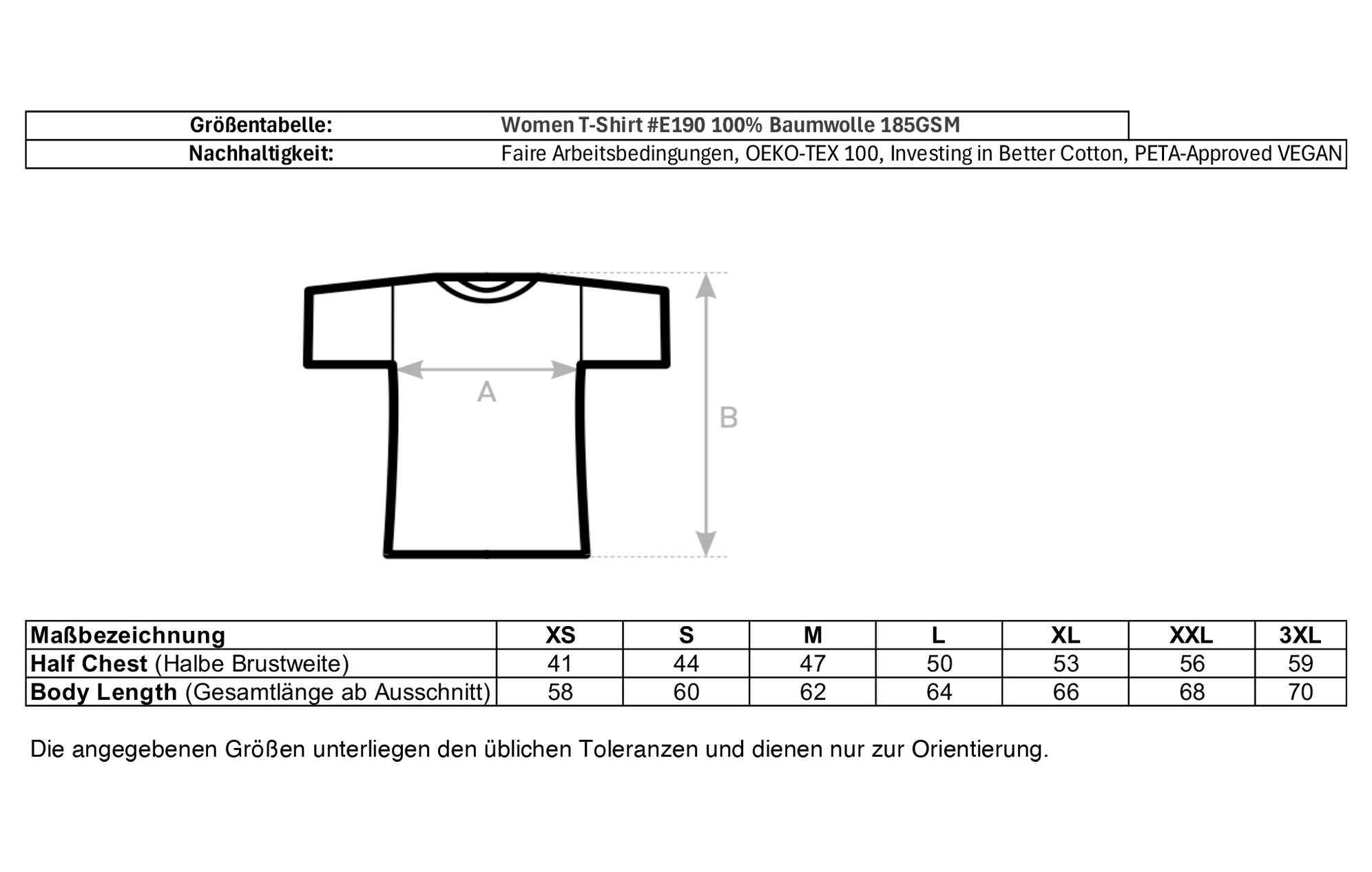 Größentabelle für Damen T-Shirt aus Bio-Baumwolle IBC Vegan.