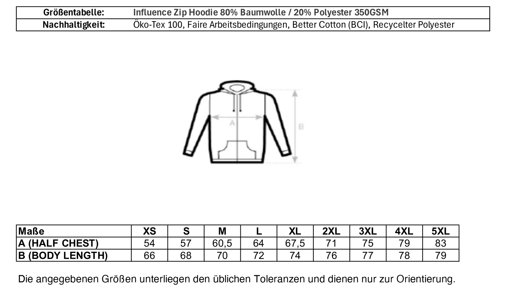 Größentabelle für Influence Tip Hoodie.