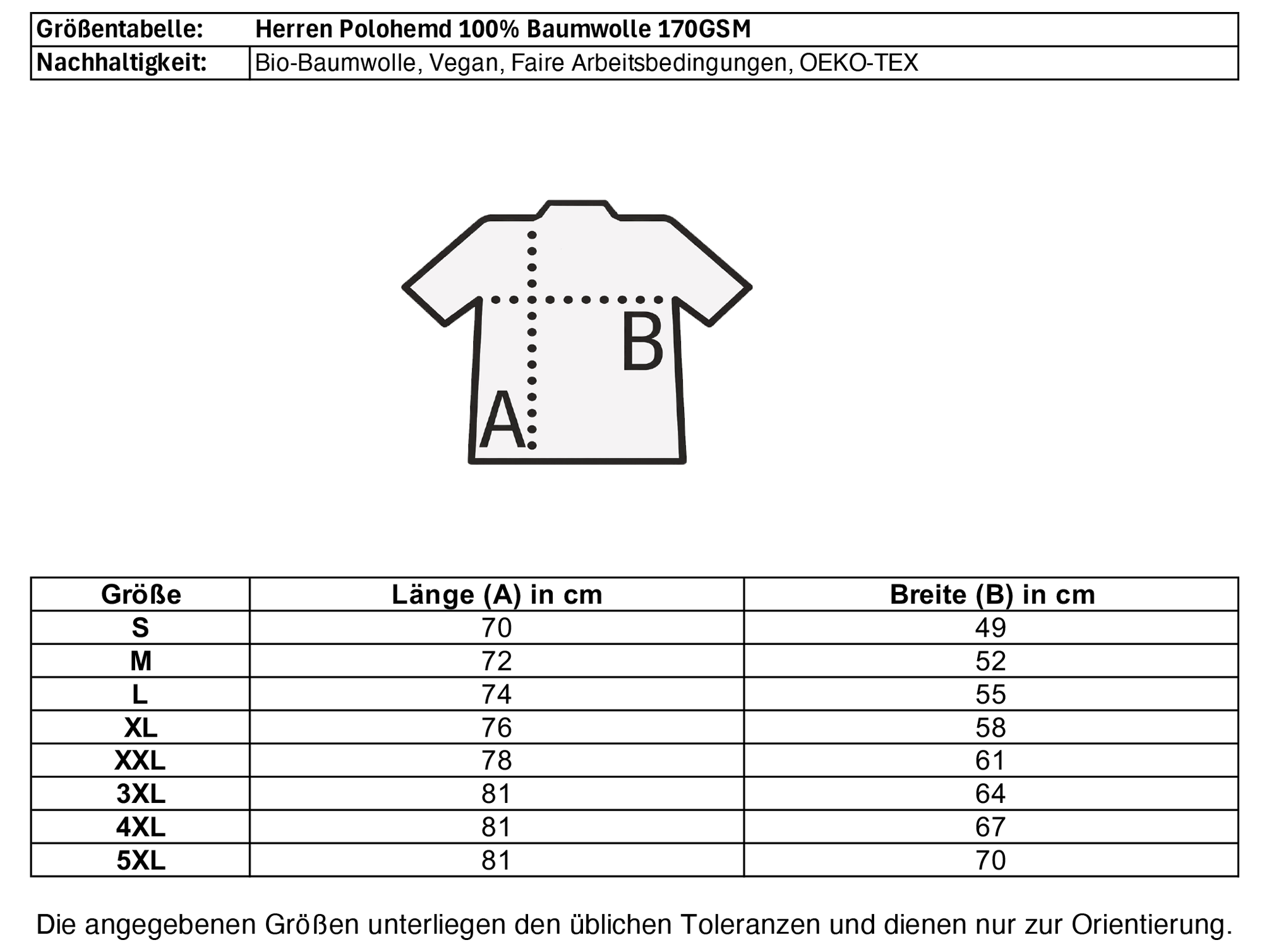 Größentabelle Herren Poloshirt 100% Bio-Baumwolle, fair & vegan – einzigartigbunt