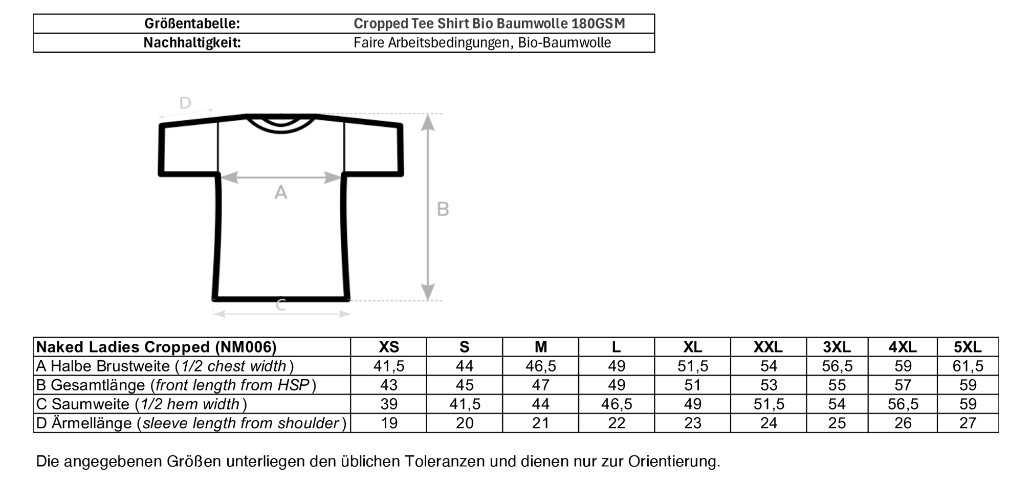 Größentabelle für nachhaltiges Cropped Tee Shirt aus Bio-Baumwolle – einzigartigbunt