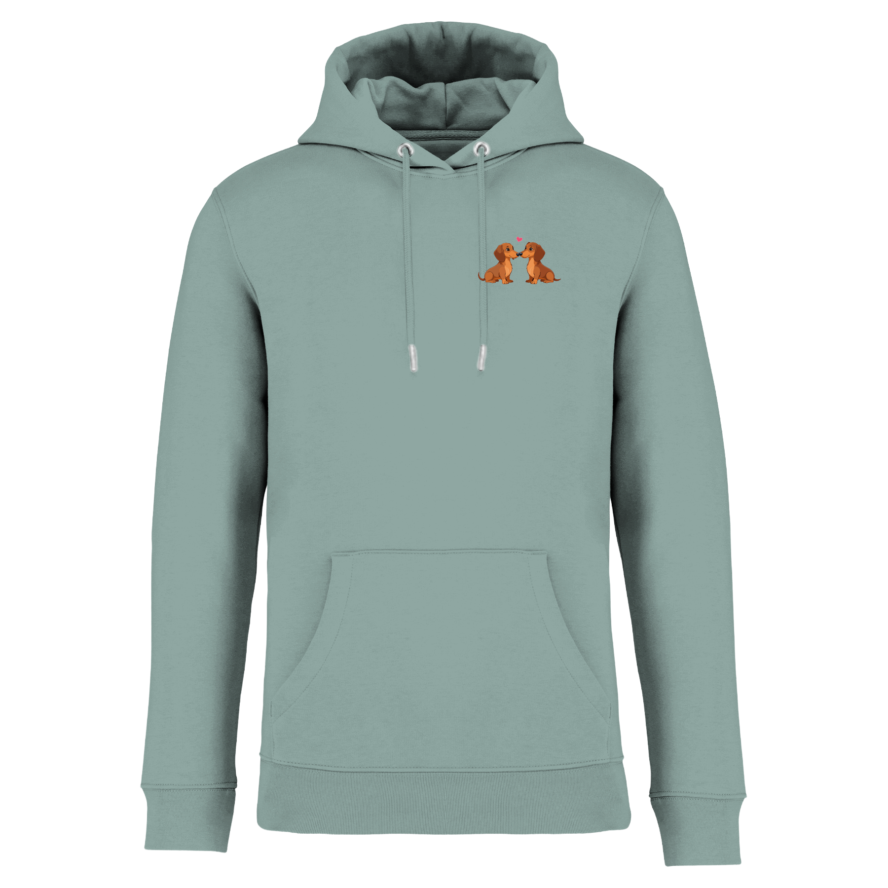 Mintgrüner Hoodie mit niedlichen Dackel-Motiven und Herz, nachhaltig – einzigartigbunt