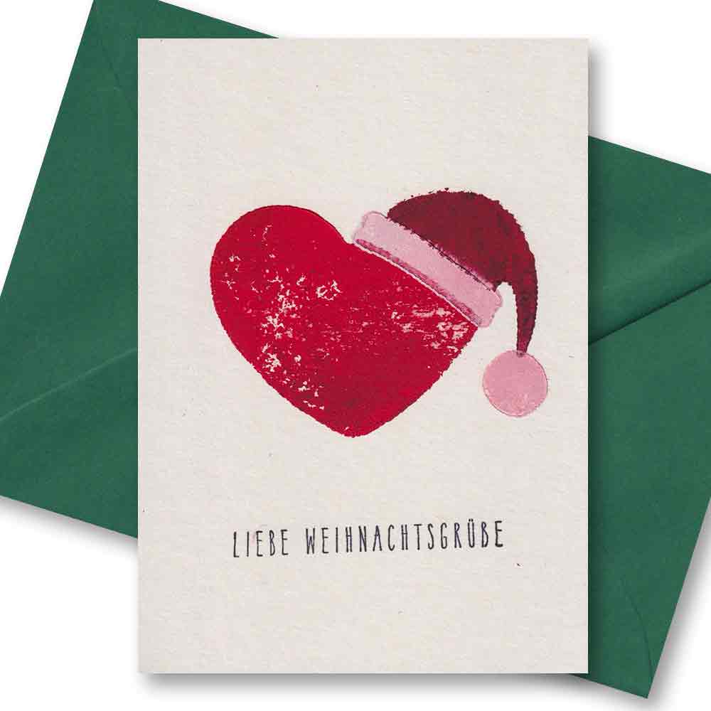 Handgedruckte Postkarte I Herz mit Weihnachtsmann Mütze