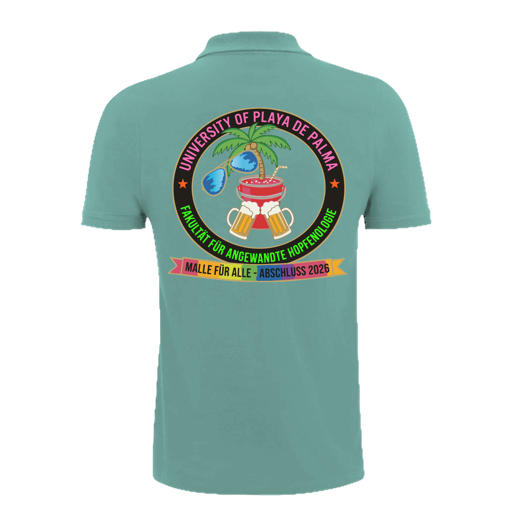 Mintgrünes Polo-Shirt mit buntem Universitäts-Emblem, Palme, Bier und Cocktail – nachhaltig – einzigartigbunt