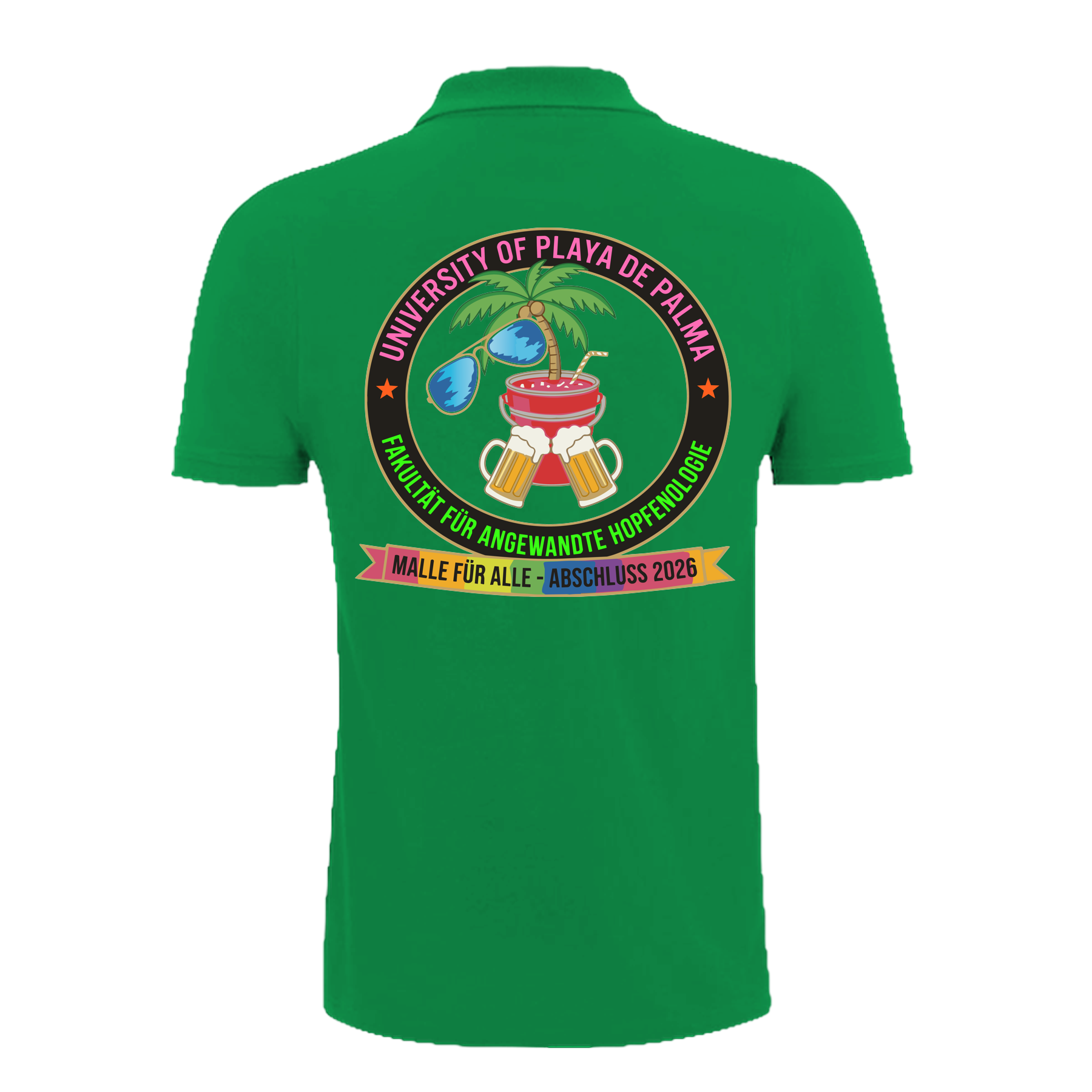 Grünes Polo-Shirt mit buntem Universitäts-Design, Palme, Bier und Cocktail – nachhaltig – einzigartigbunt