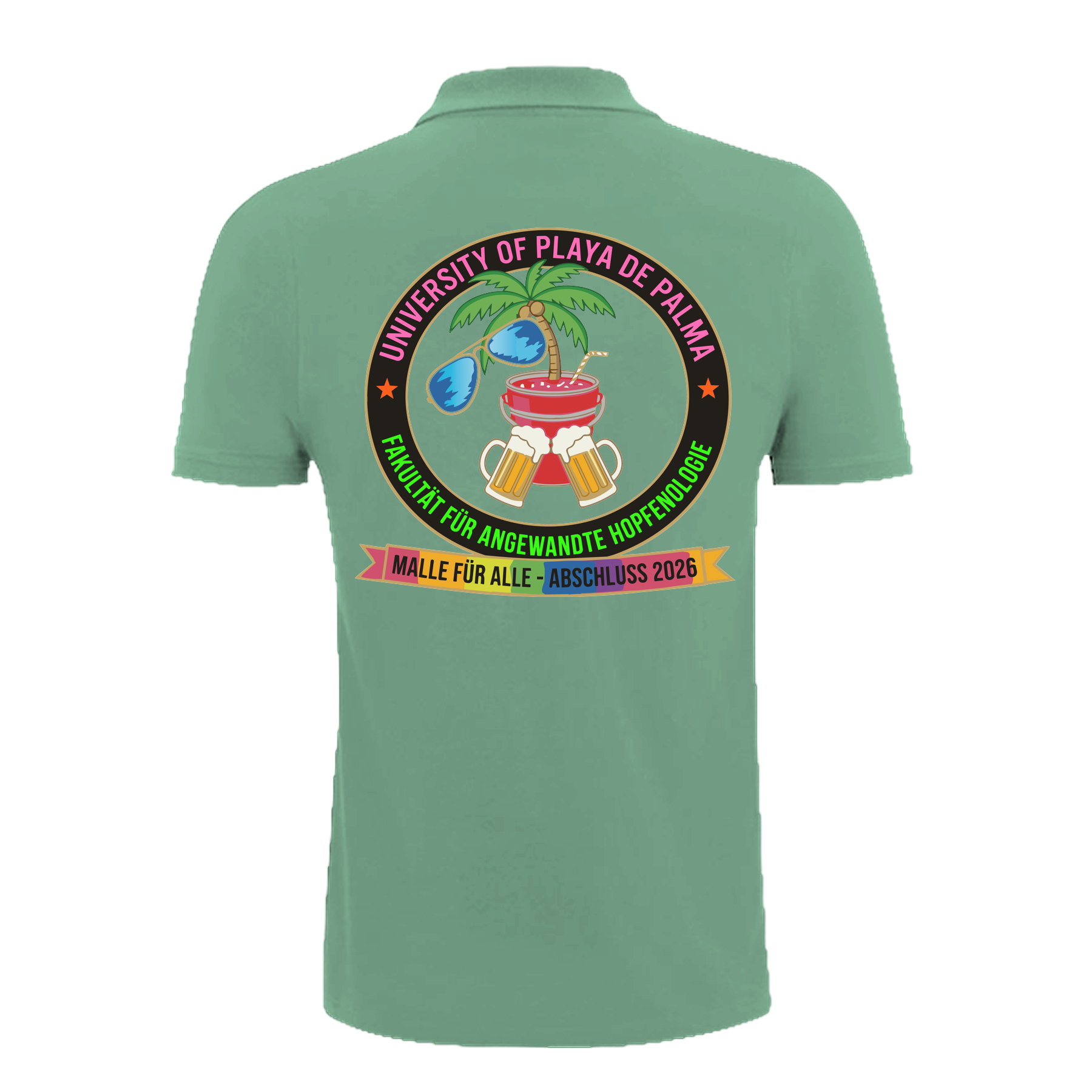 Mintgrünes Polo mit buntem University of Playa de Palma Design, Palme, Bier und Cocktail – einzigartigbunt