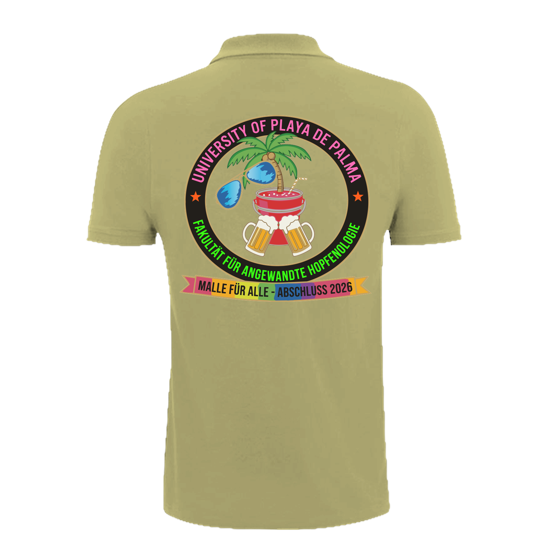 Olivgrünes Polo-Shirt mit buntem University of Playa de Palma Design, Palme, Bier und Regenbogenband – einzigartigbunt