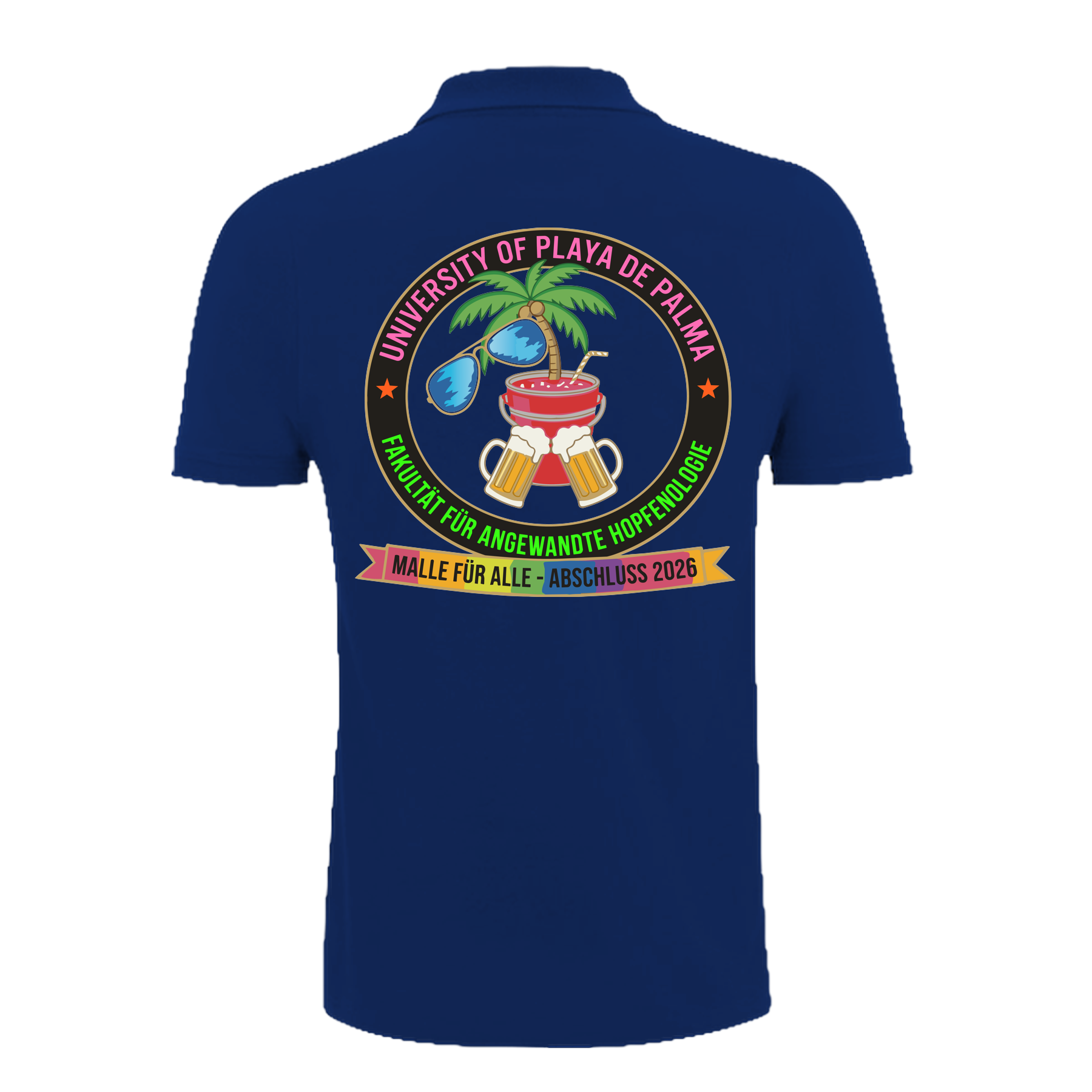 Blauenes Polo mit buntem University of Playa de Palma Design, Palme, Bier und Cocktail – einzigartigbunt