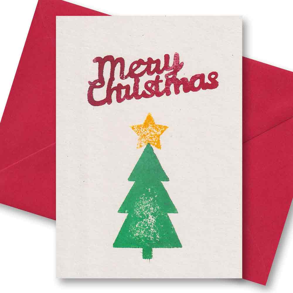 Handgedruckte Postkarte I Merry-Christmas Tanne