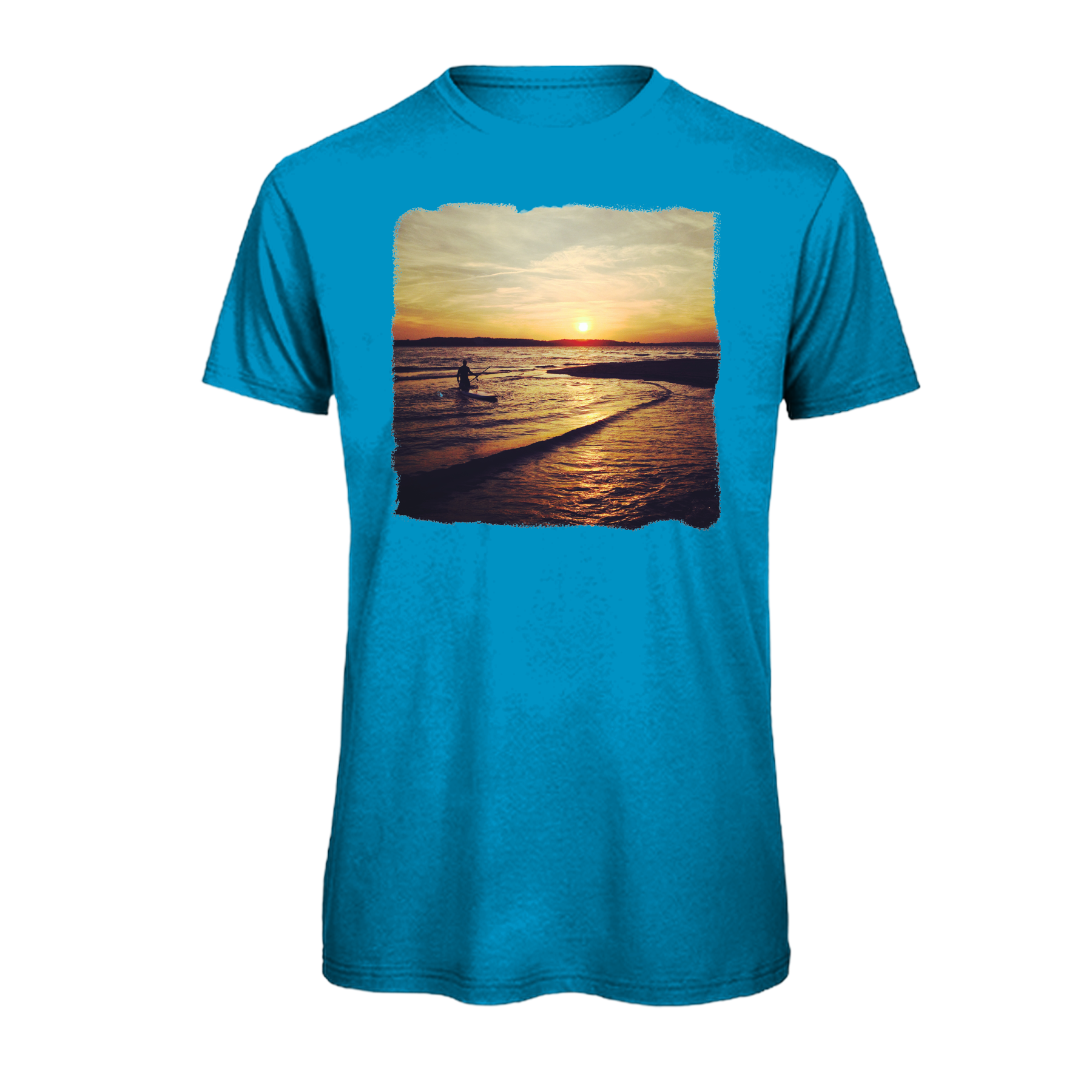 Blau mit Sonnenuntergang am Strand und Stand-Up-Paddler – nachhaltig – einzigartigbunt