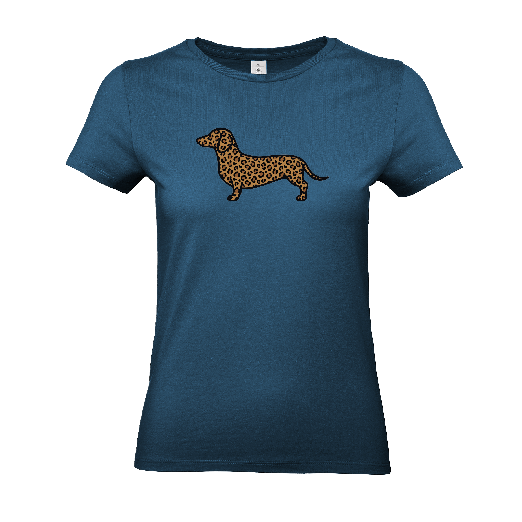 Damen T-Shirt mit Dackel-Motiv im modernen Leoparden-Muster auf der Brust.