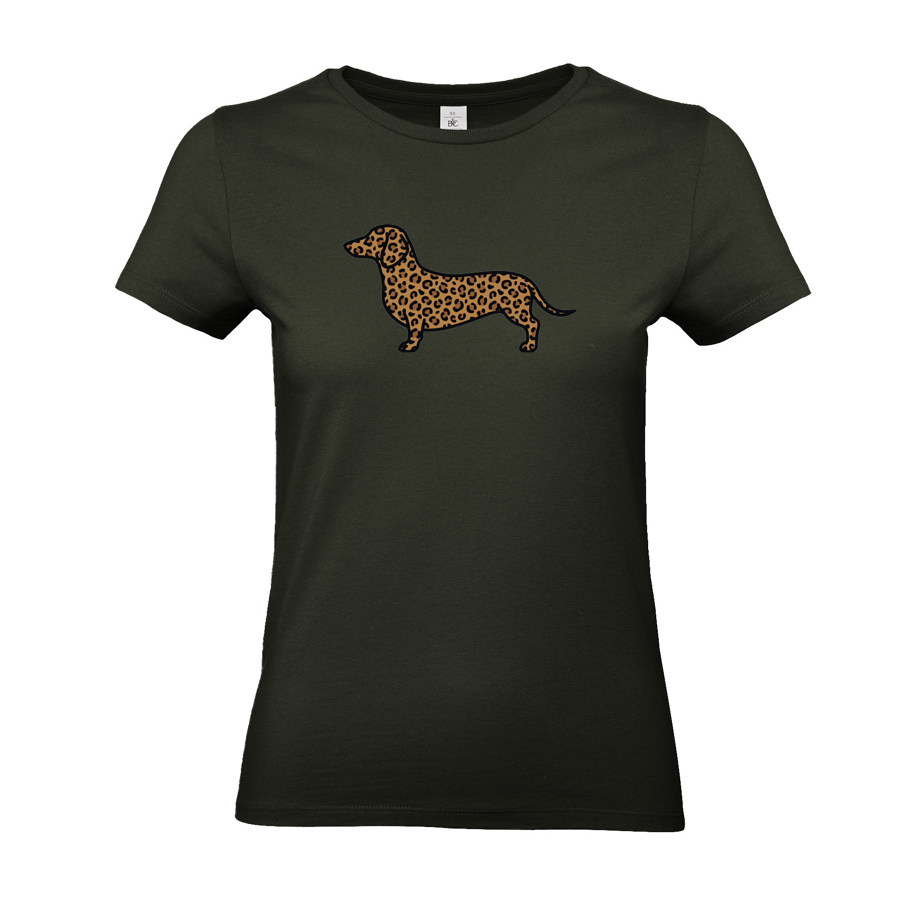 Damen T-Shirt mit Dackel-Motiv im modernen Leoparden-Muster auf der Brust.