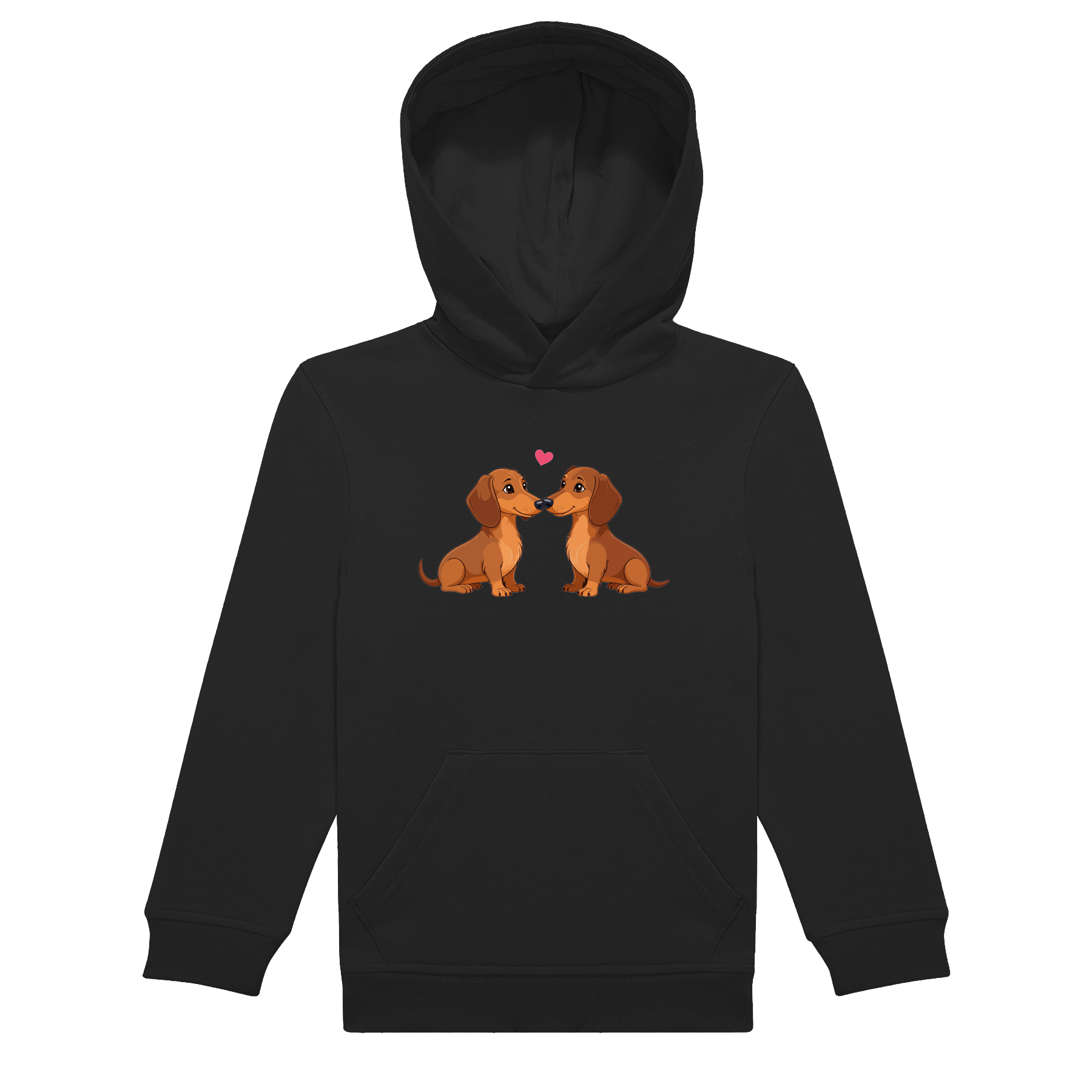 Kinder Hoodie in nachhaltiger Qualität mit handgedrucktem Motiv zweier Dackel, die sich anschauen, platziert auf der Brust.