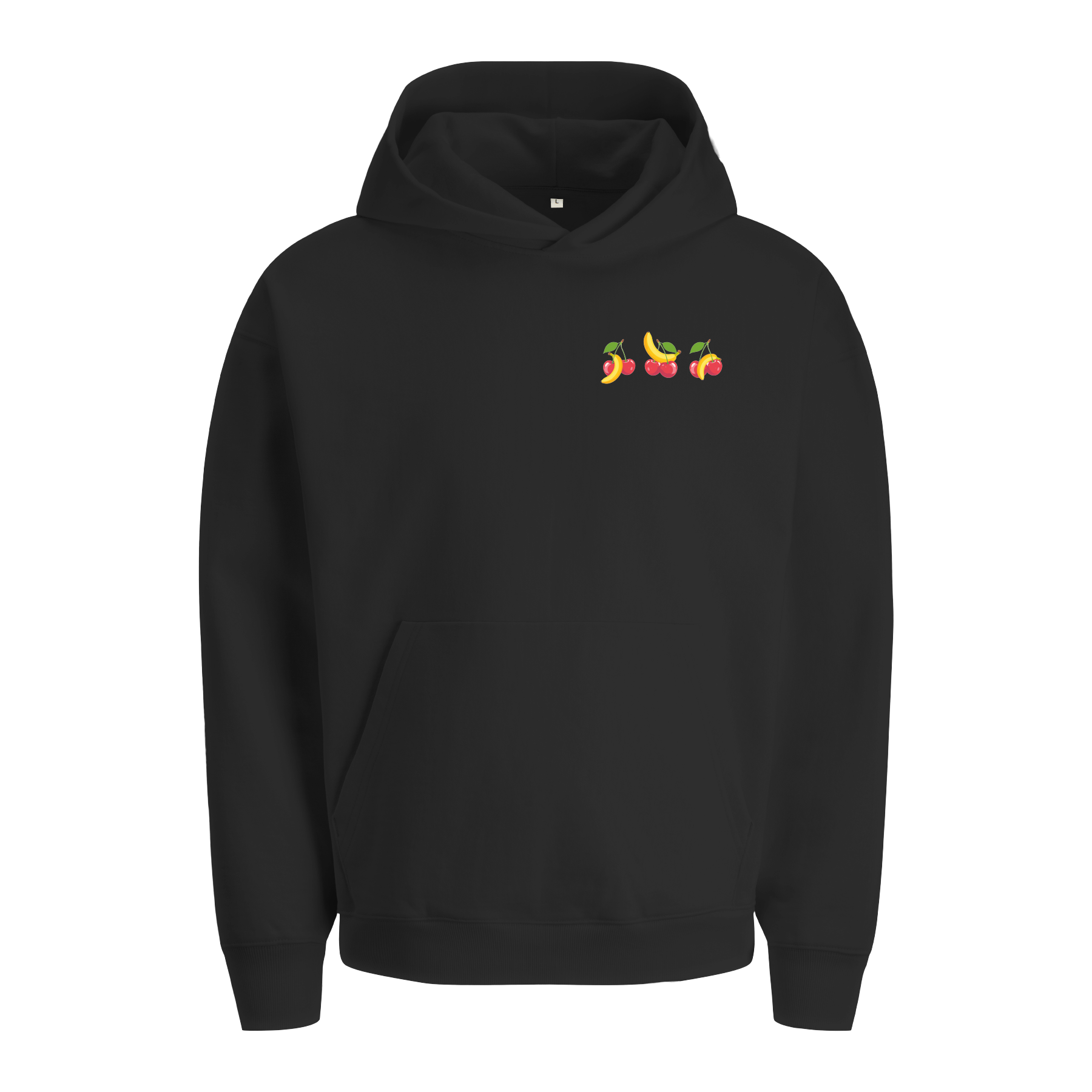 Extra schwerer Unisex Hoodie in Bio-Qualität mit kleinem Kirschen und Bananen Print auf der linken Brust.