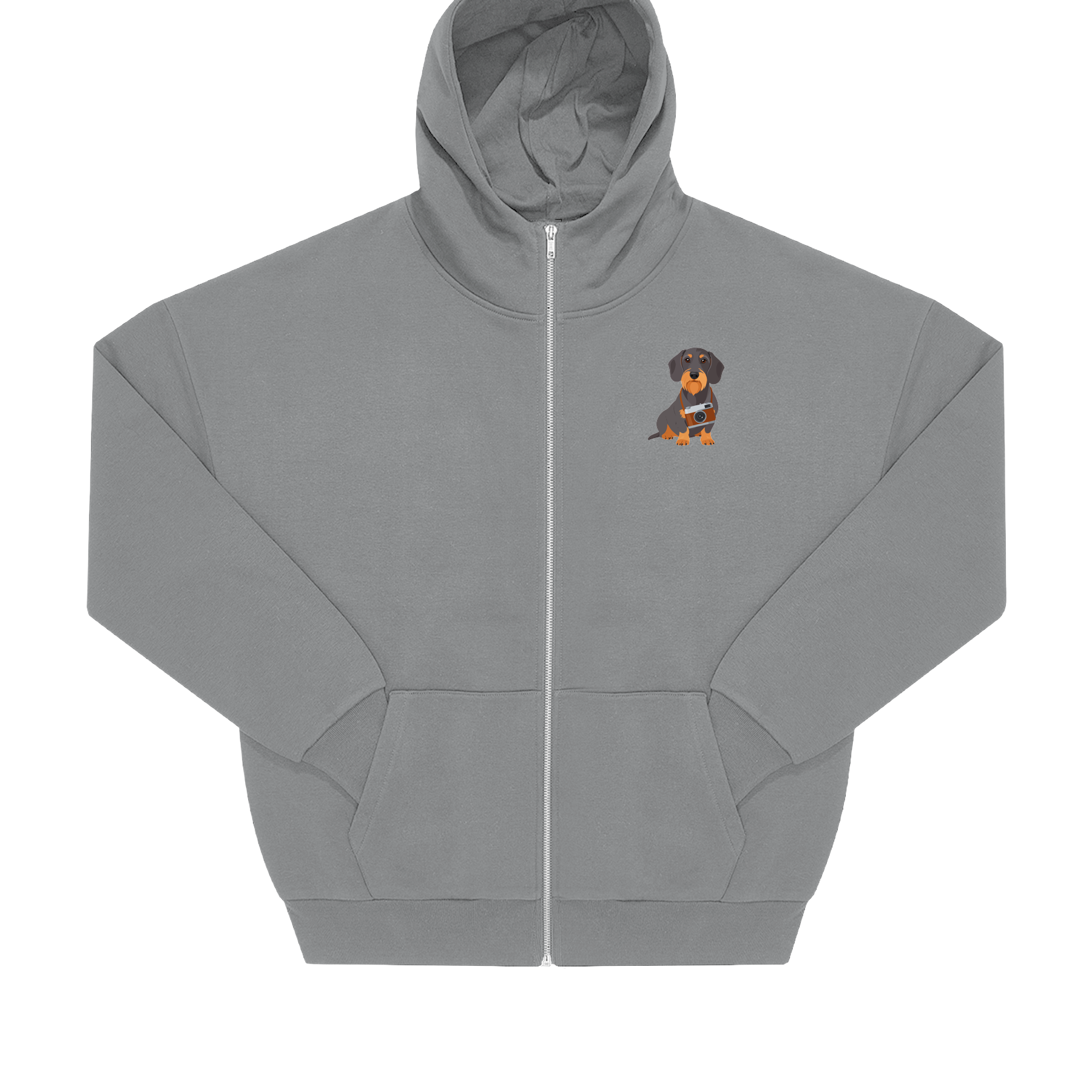 Nachhaltige Zip Hoodie Jacke in Grau mit Dackel-Motiv und Kamera auf der Brust, Oversized-Schnitt.