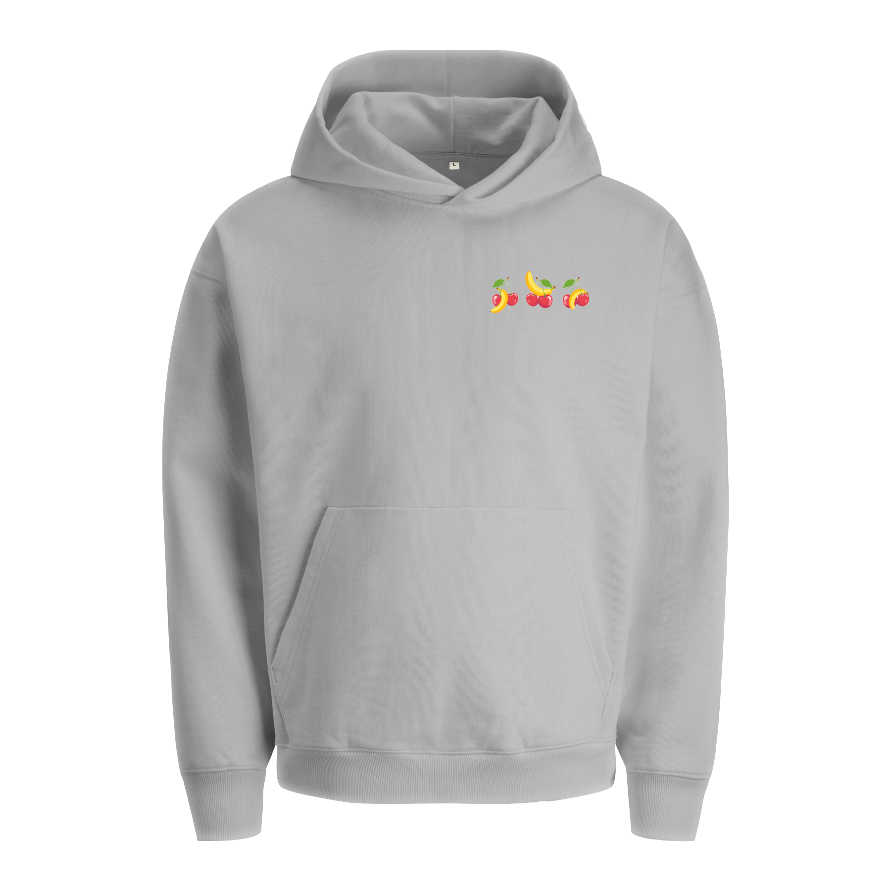 Extra schwerer Unisex Hoodie hellgrau in Bio-Qualität mit kleinem Kirschen und Bananen Print auf der linken Brust.