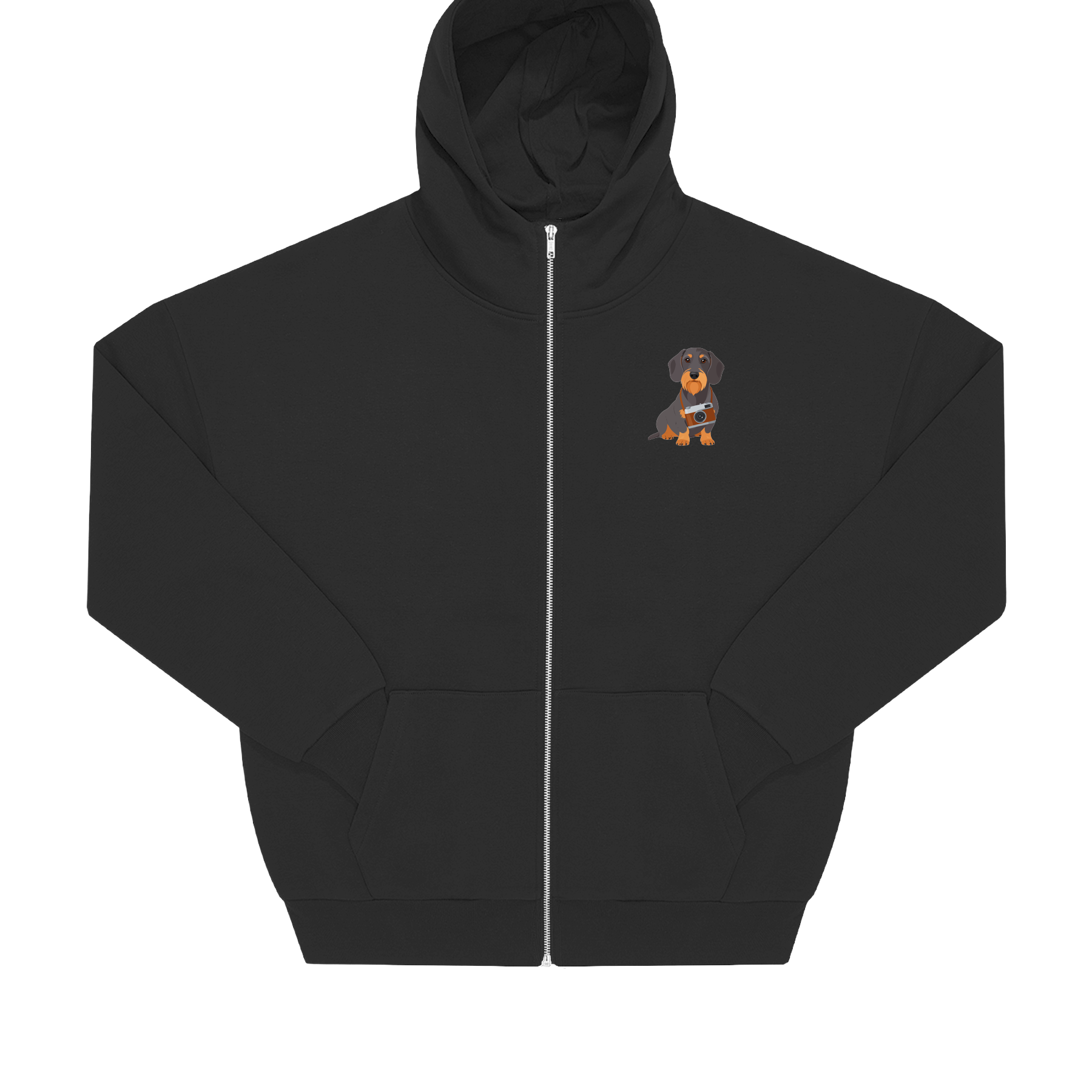 Nachhaltige Zip Hoodie Jacke in Grau mit Dackel-Motiv und Kamera auf der Brust, Oversized-Schnitt.