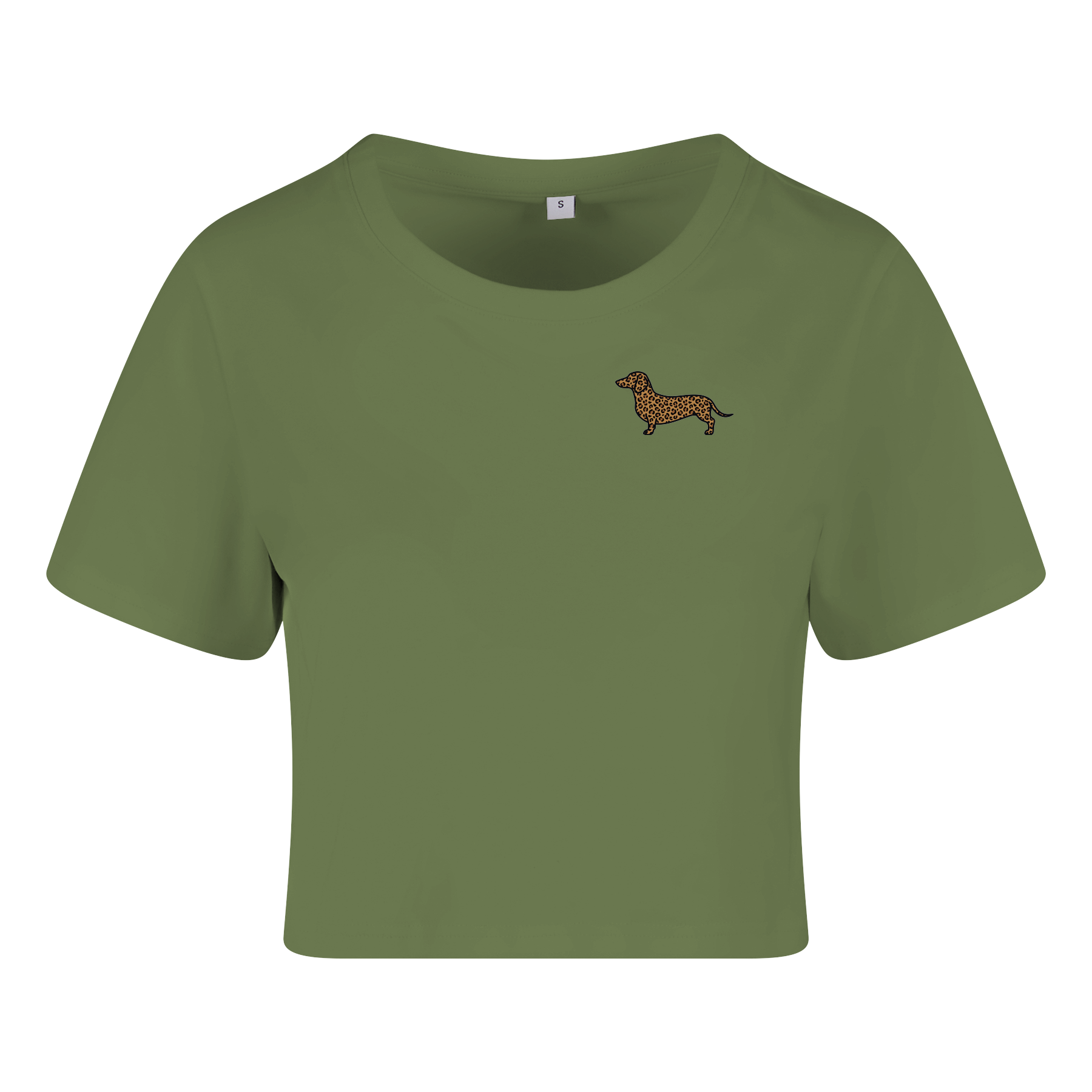 Olivgrünes Crop Top mit Dackel-Motiv im Leopardenmuster, nachhaltig – einzigartigbunt