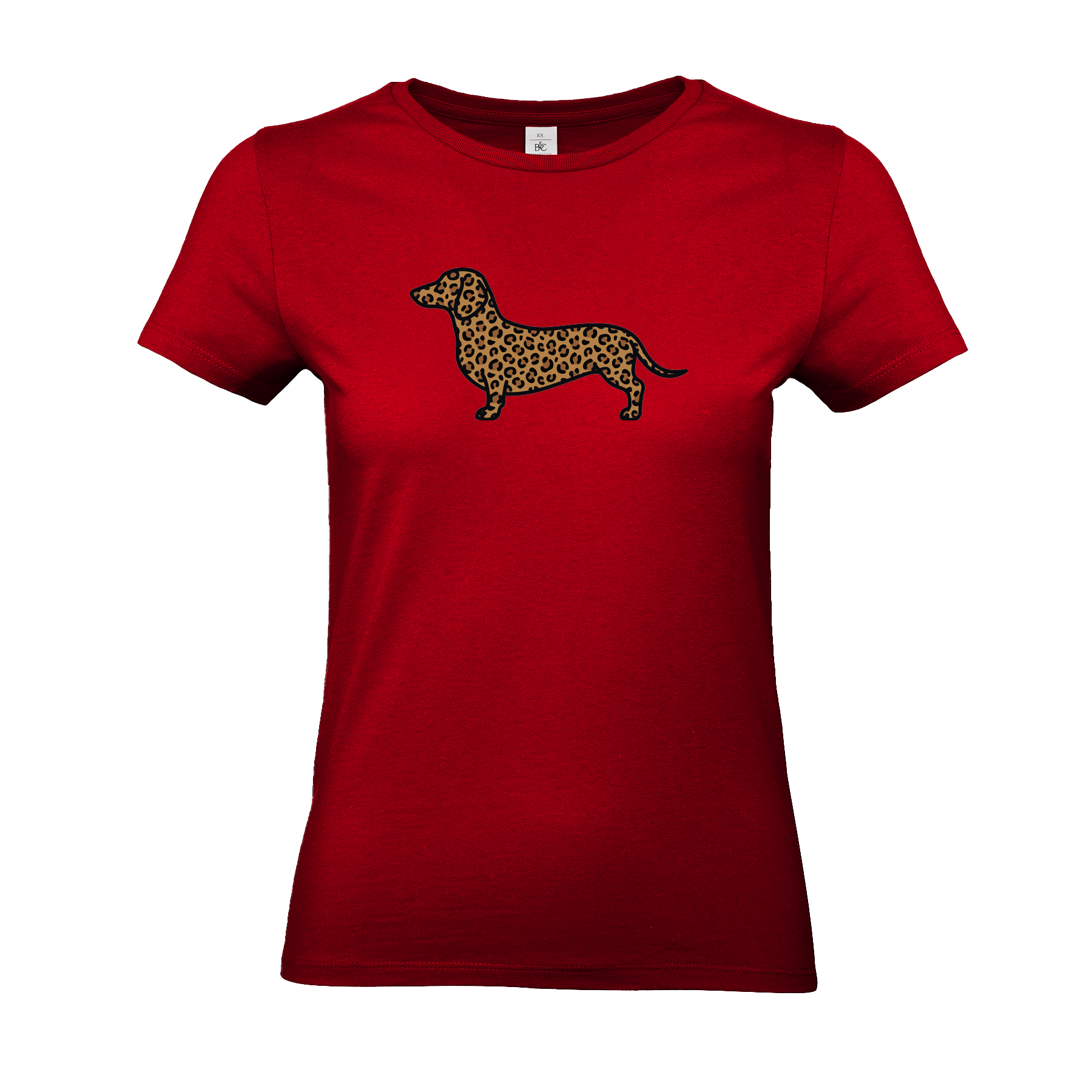 Damen T-Shirt mit Dackel-Motiv im modernen Leoparden-Muster auf der Brust.