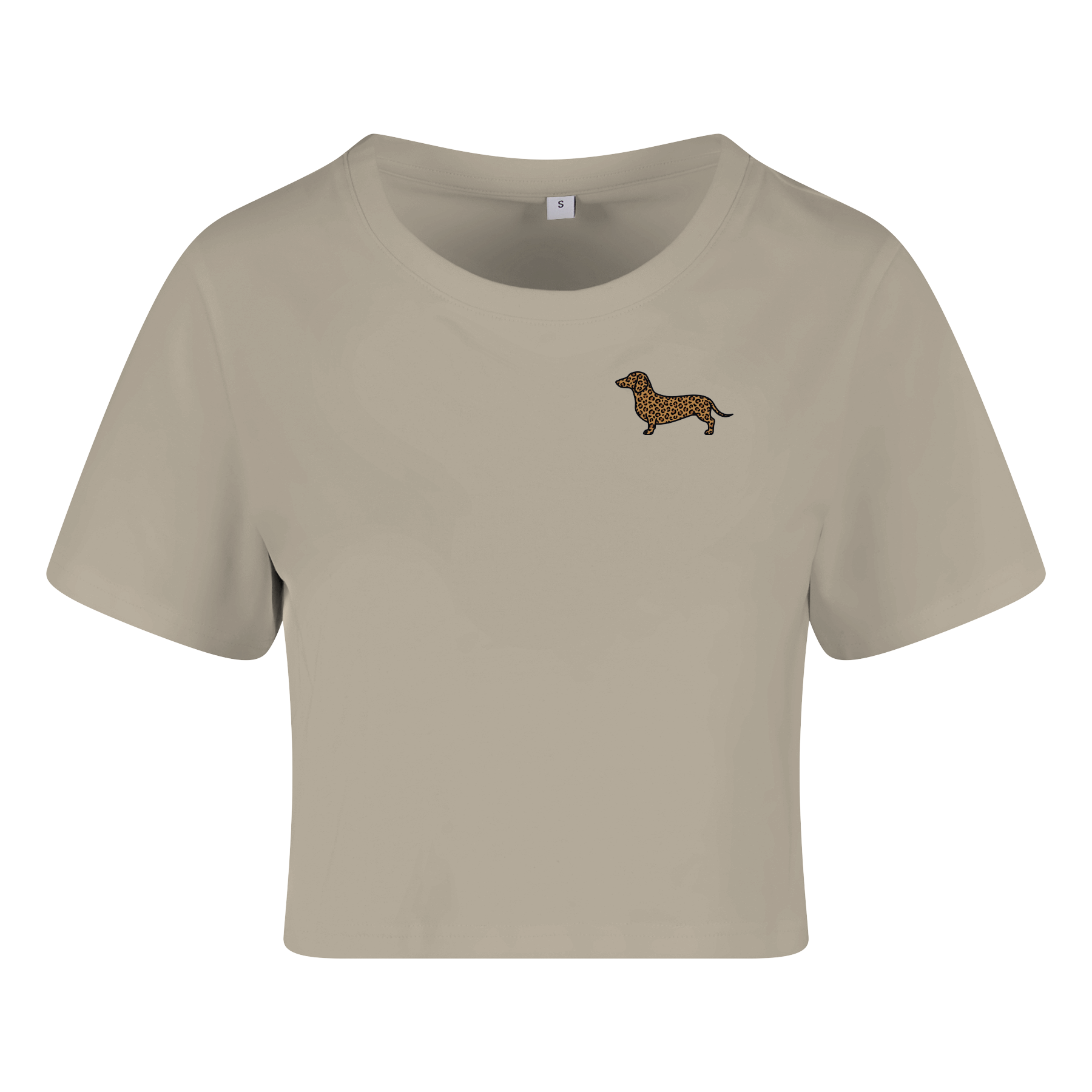 Beige Crop Top mit Dackel-Motiv im Leopardenmuster, nachhaltig – einzigartigbunt