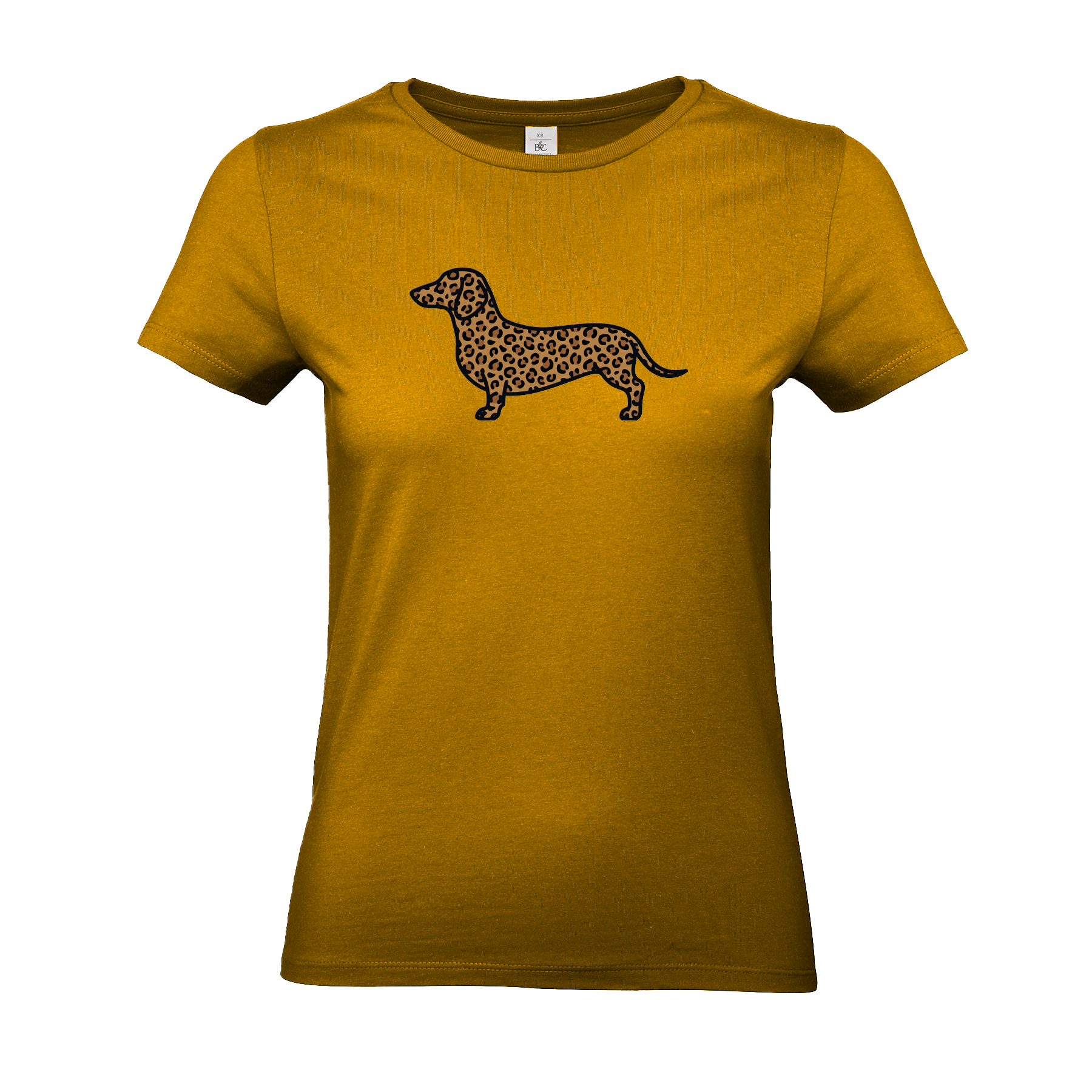 Damen T-Shirt mit Dackel-Motiv im modernen Leoparden-Muster auf der Brust.