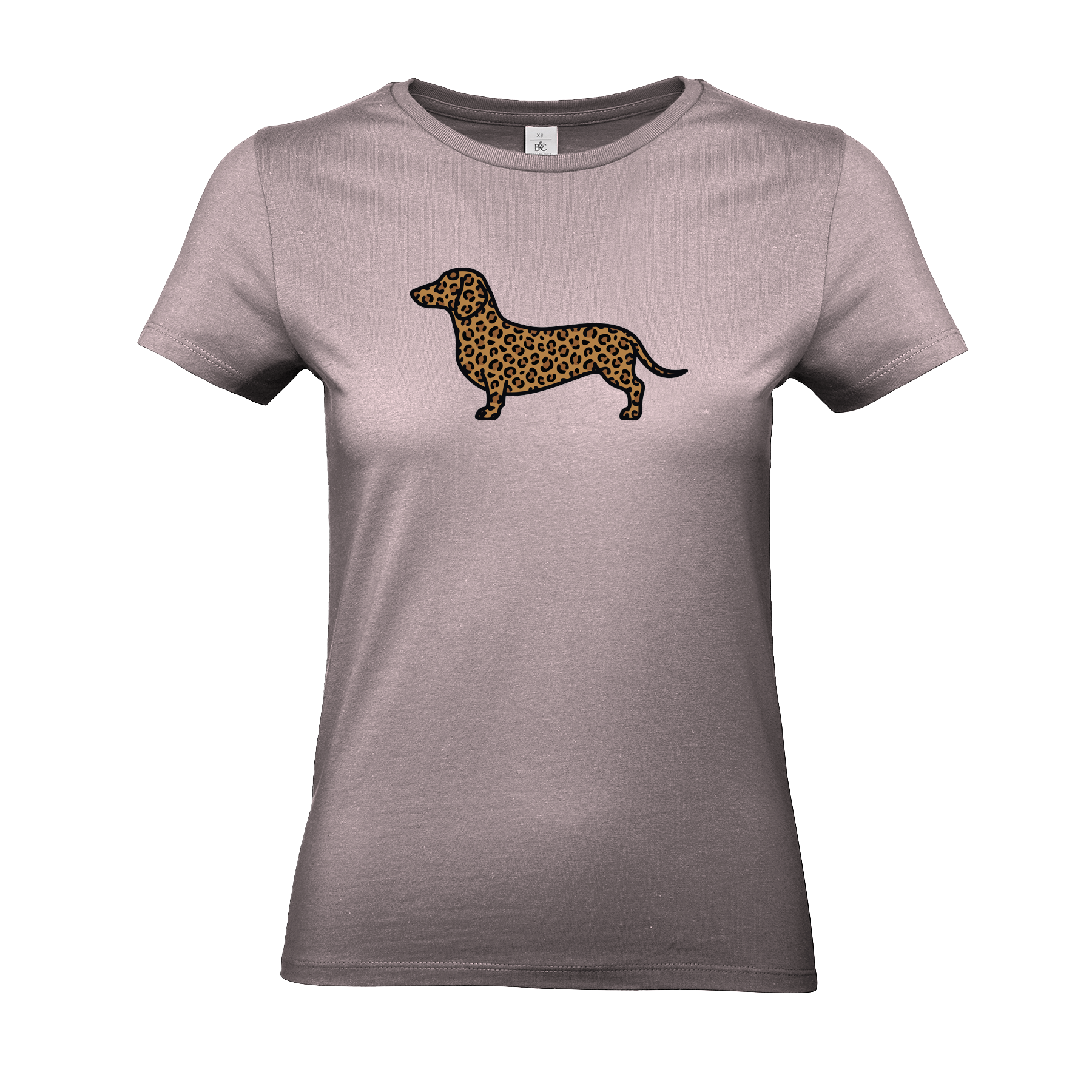 Rosa Damen T-Shirt mit Dackel-Motiv im modernen Leoparden-Muster.