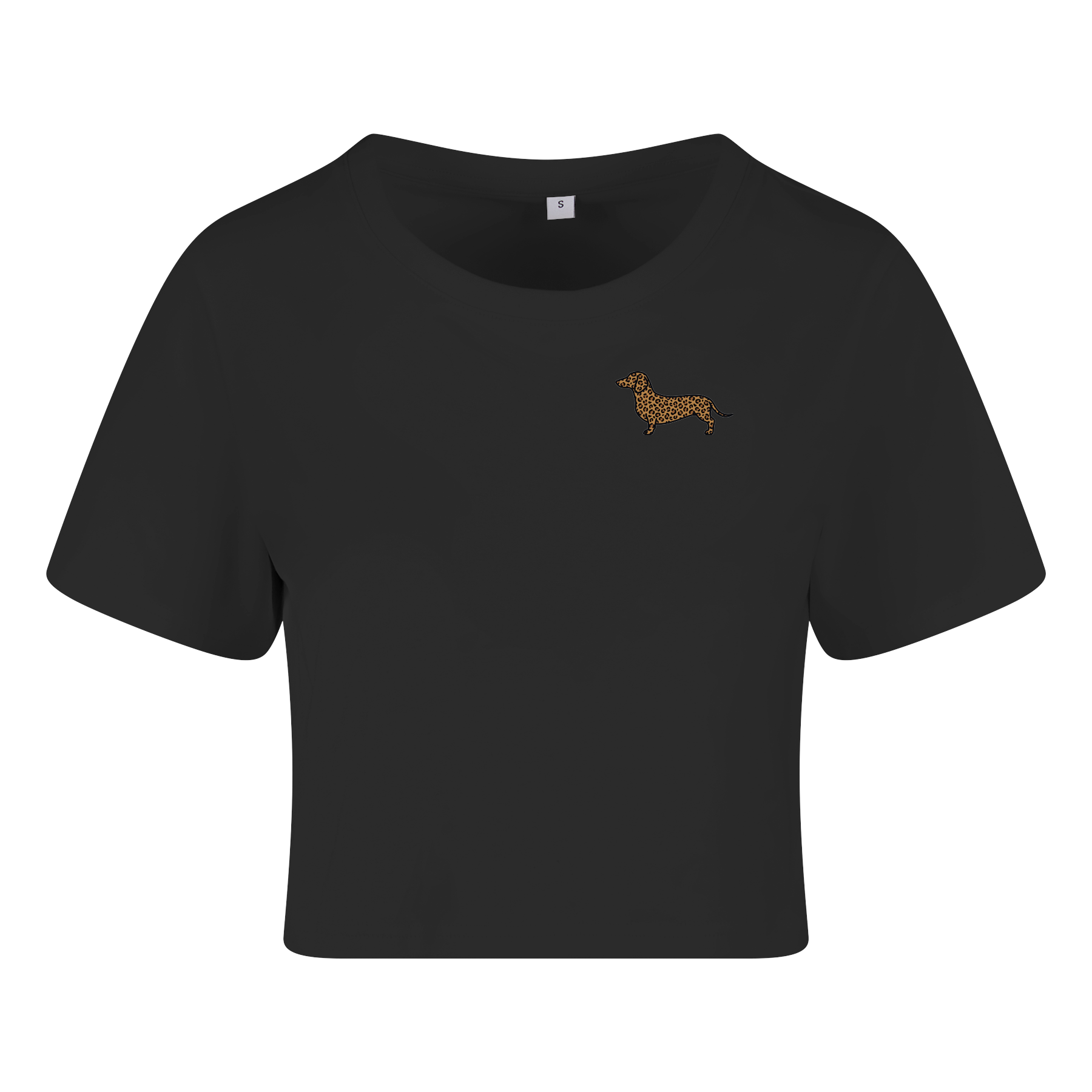 Schwarzes T-Shirt mit Dackel-Motiv im Leopardenmuster, nachhaltig – einzigartigbunt