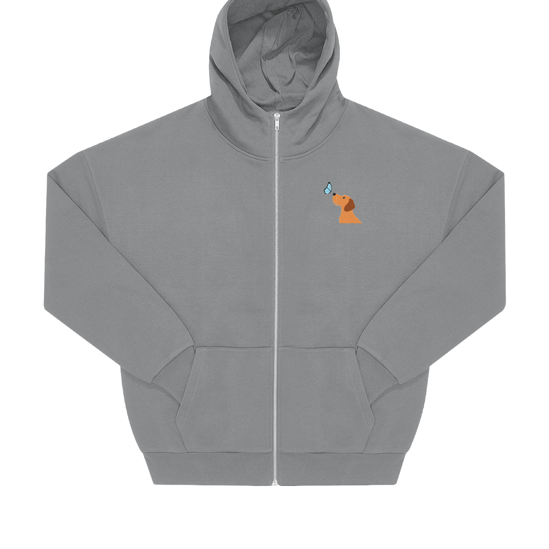 Grauer Hoodie mit Dackel-Motiv und Schmetterling, nachhaltig – einzigartigbunt