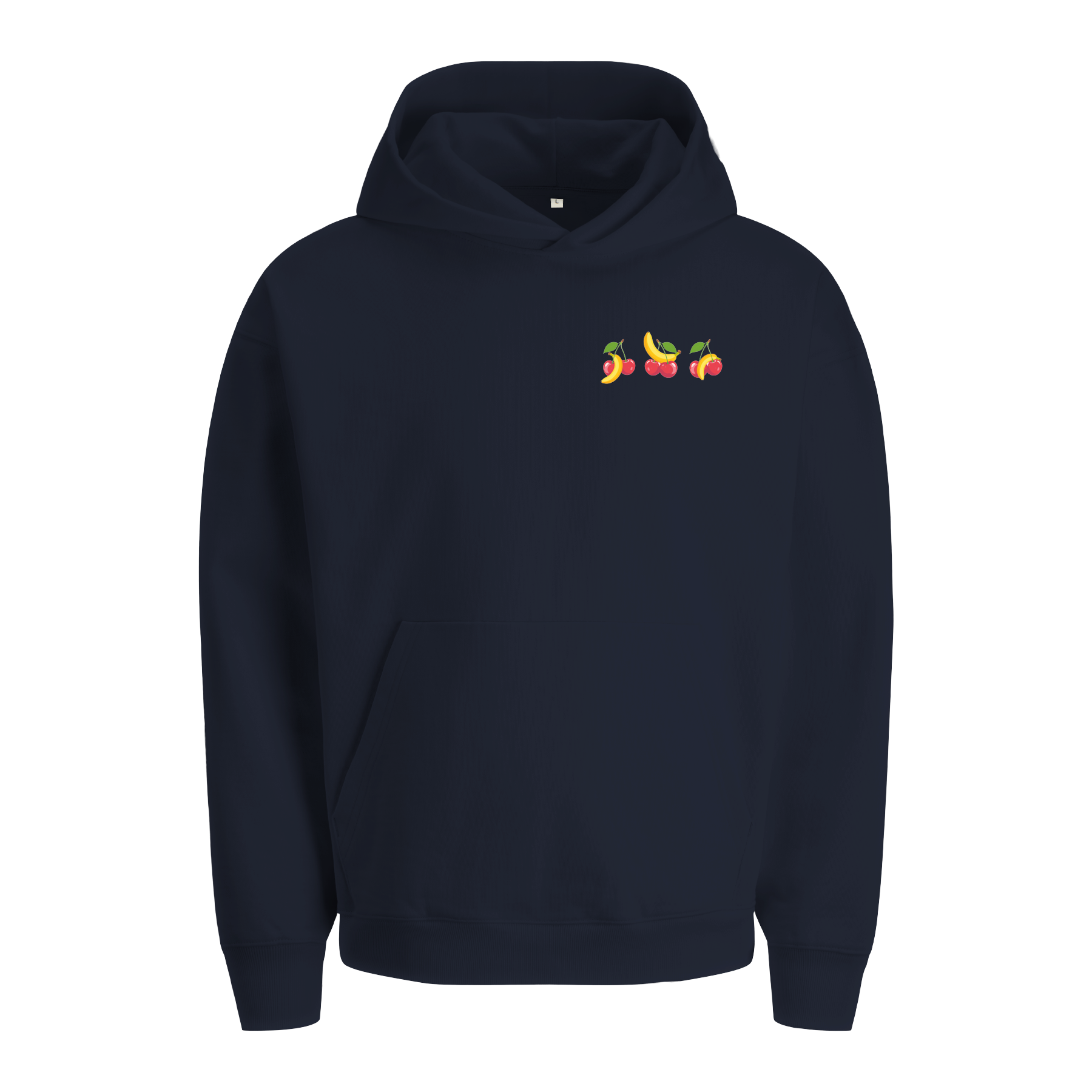 Extra schwerer Unisex Hoodie Blau in Bio-Qualität mit kleinem Kirschen und Bananen Print auf der linken Brust.