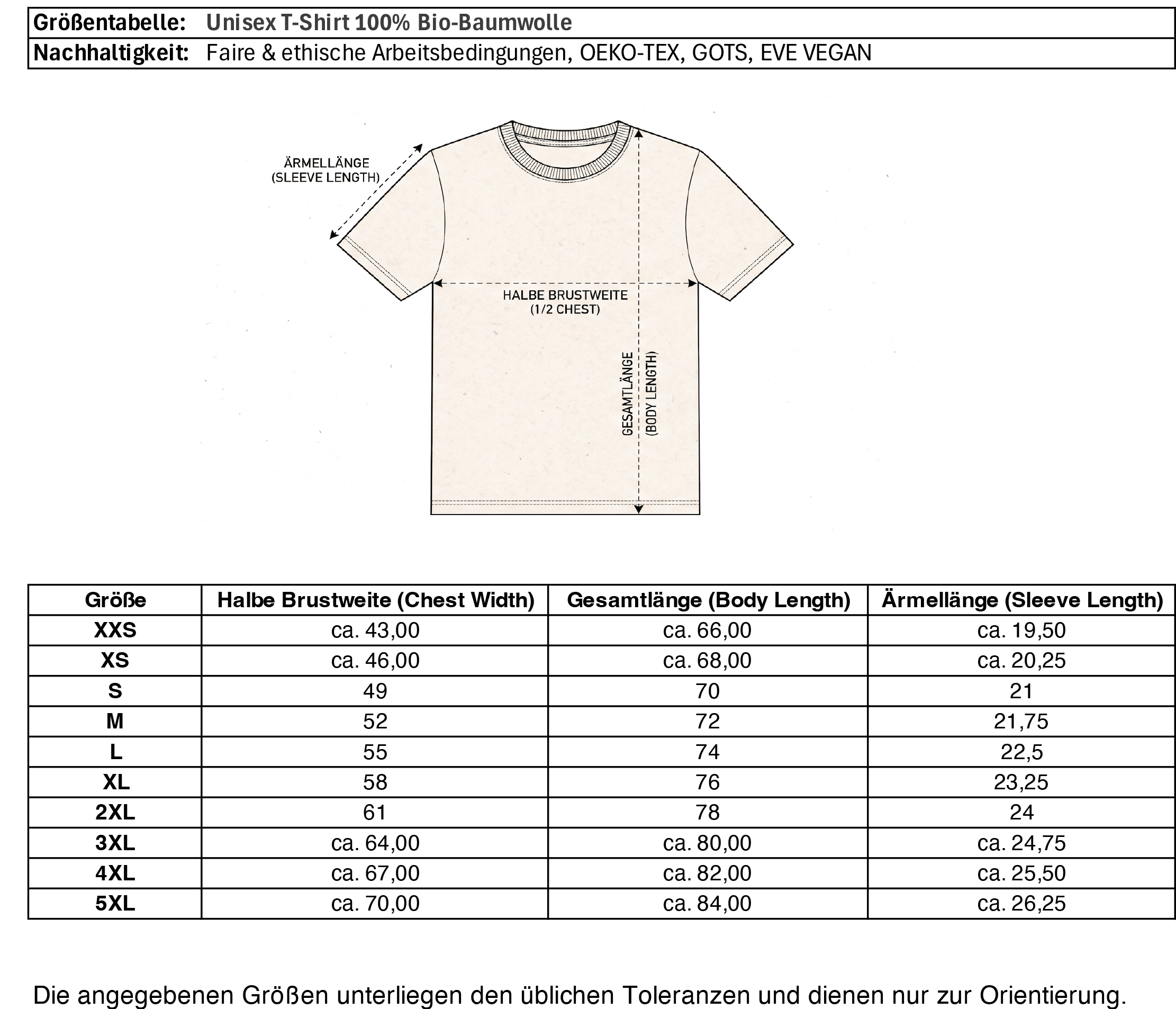 Größentabelle für Unisex T-Shirt aus 100% Bio-Baumwolle mit Maßen für Brust, Länge & Ärmel – einzigartigbunt