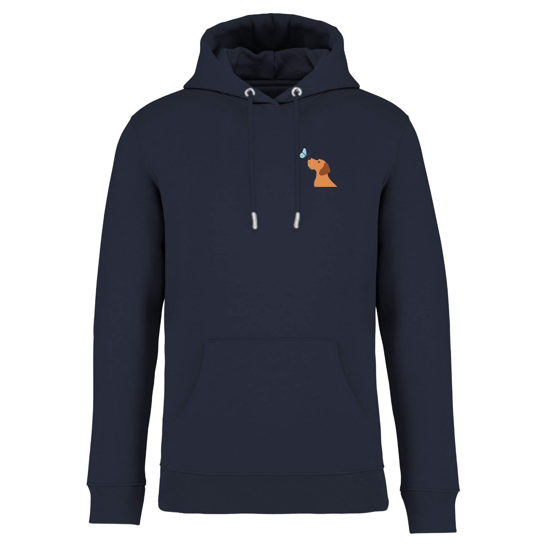 Dackel mit Schmetterling, nachhaltig & fairer Hoodie – einzigartigbunt