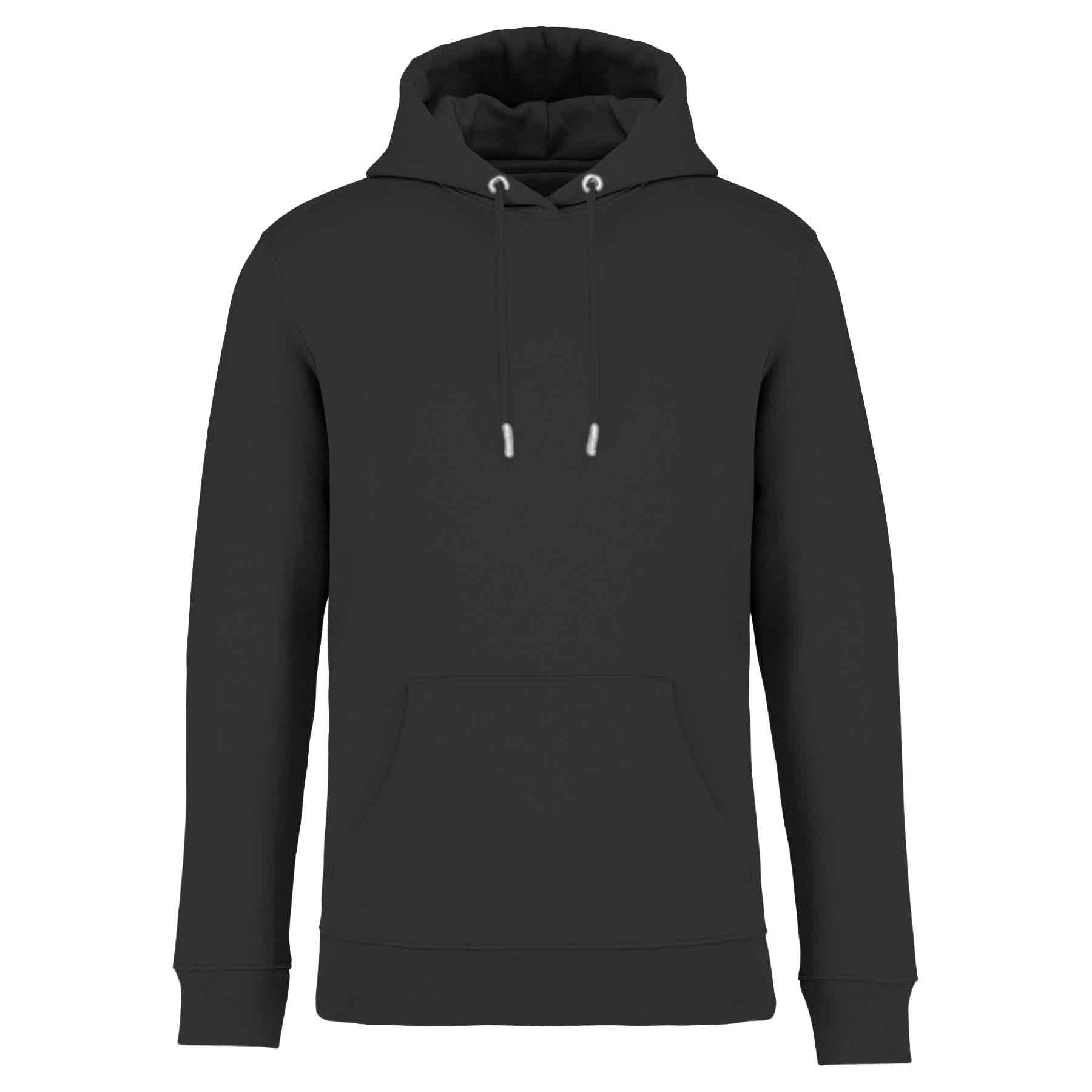 Nachhaltiger Unisex-Hoodie Schwarz aus Bio-Baumwolle in der Vorderansicht mit einem großflächigen, detailreichen Print-Motiv von Palmen und Sandstrand auf dem Rücken.