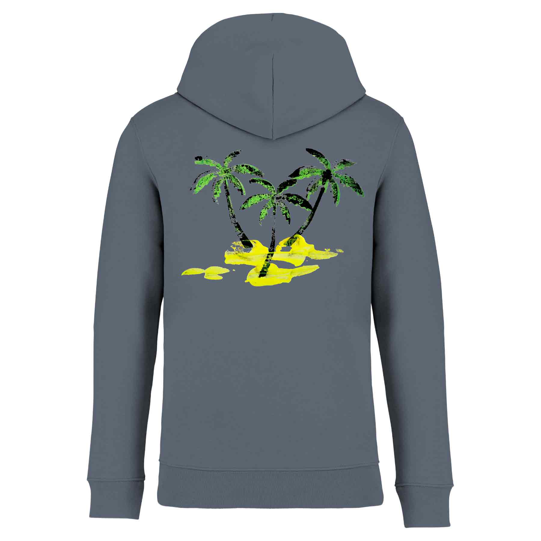 Nachhaltiger Unisex-Hoodie Grau aus Bio-Baumwolle in der Rückansicht mit einem großflächigen, detailreichen Print-Motiv von Palmen und Sandstrand.