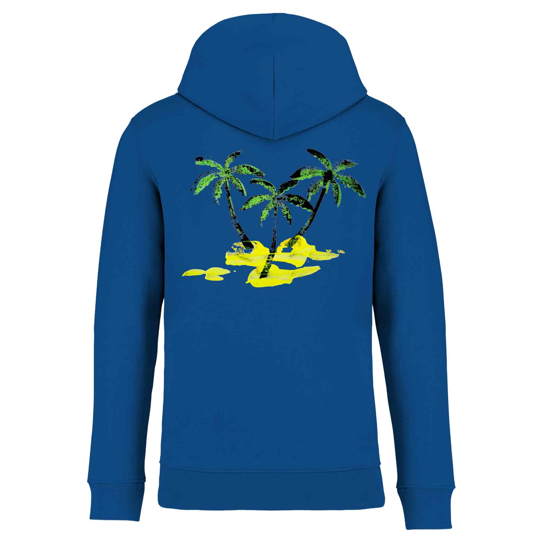 Nachhaltiger Unisex-Hoodie Blau aus Bio-Baumwolle in der Rückansicht mit einem großflächigen, detailreichen Print-Motiv von Palmen und Sandstrand.