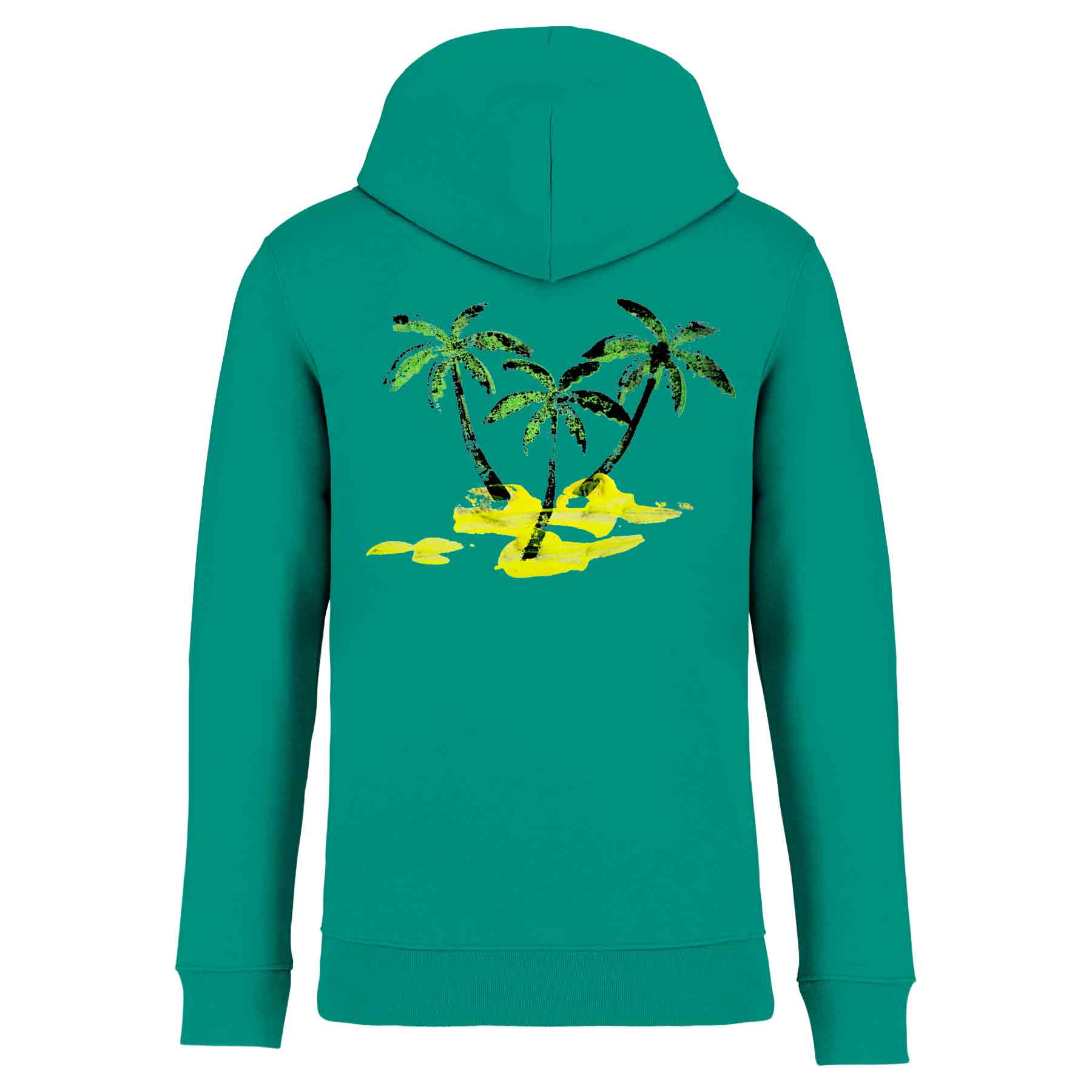 Nachhaltiger Unisex-Hoodie Grün aus Bio-Baumwolle in der Rückansicht mit einem großflächigen, detailreichen Print-Motiv von Palmen und Sandstrand.