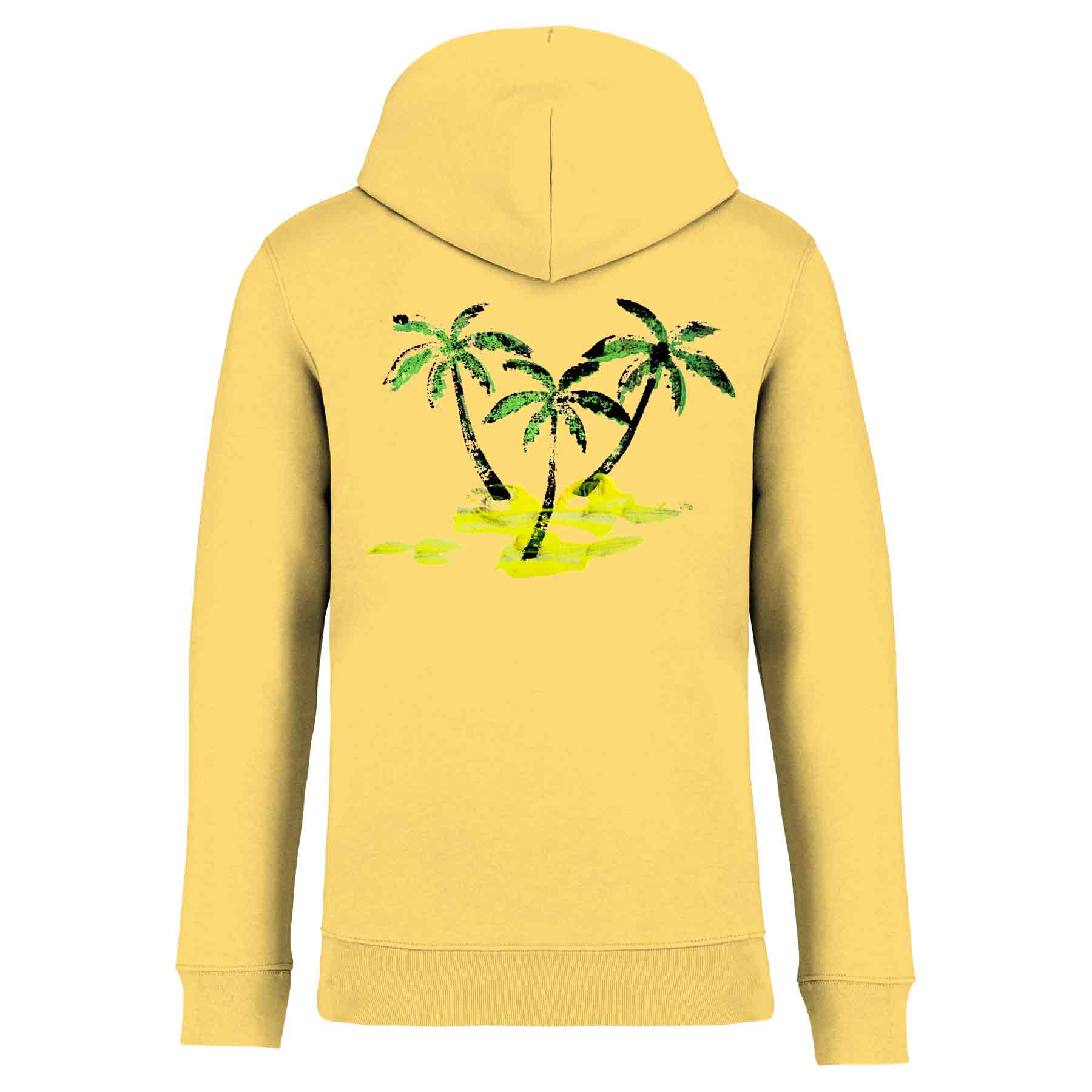 Nachhaltiger Unisex-Hoodie Gelb aus Bio-Baumwolle in der Rückansicht mit einem großflächigen, detailreichen Print-Motiv von Palmen und Sandstrand.