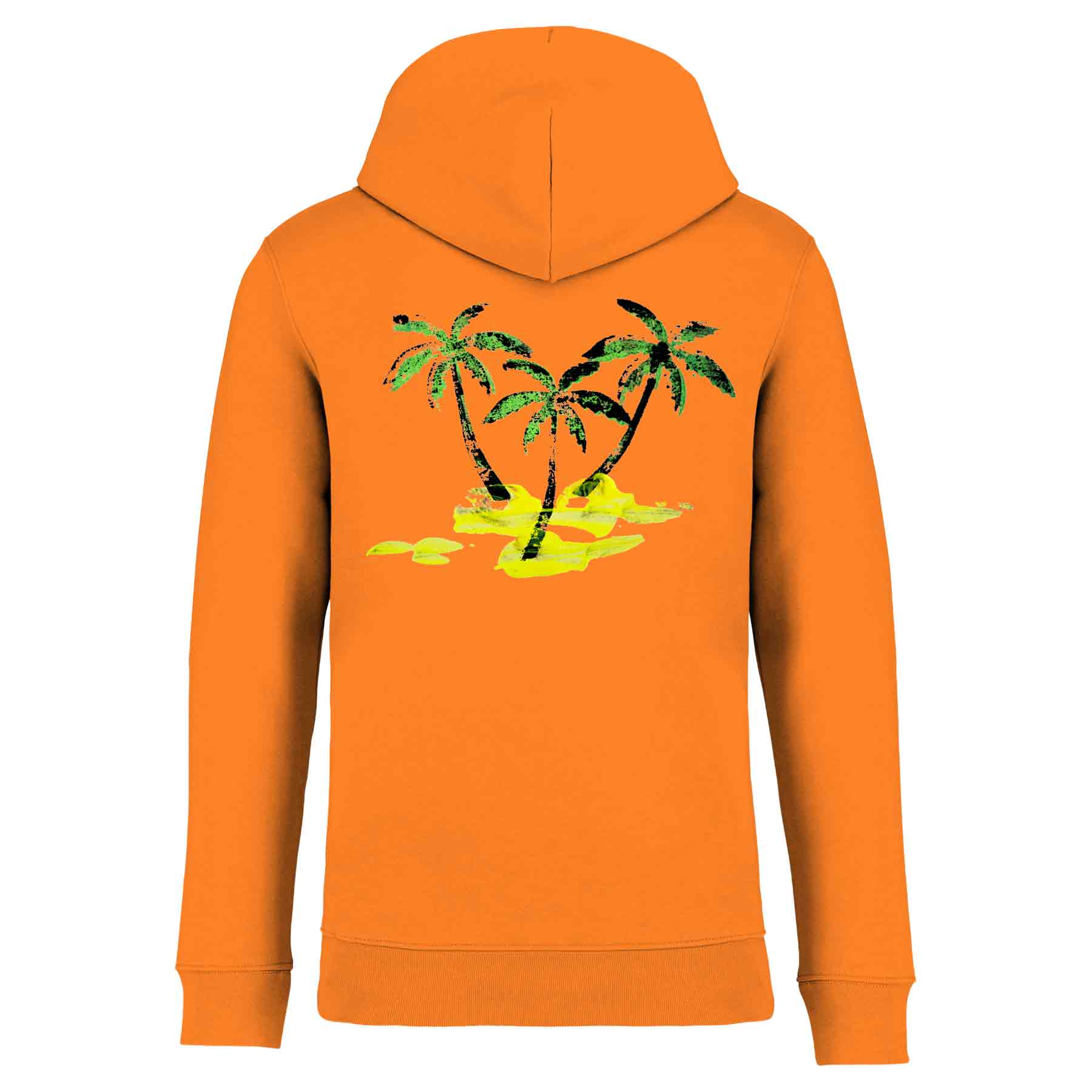 Nachhaltiger Unisex-Hoodie Orange aus Bio-Baumwolle in der Rückansicht mit einem großflächigen, detailreichen Print-Motiv von Palmen und Sandstrand.