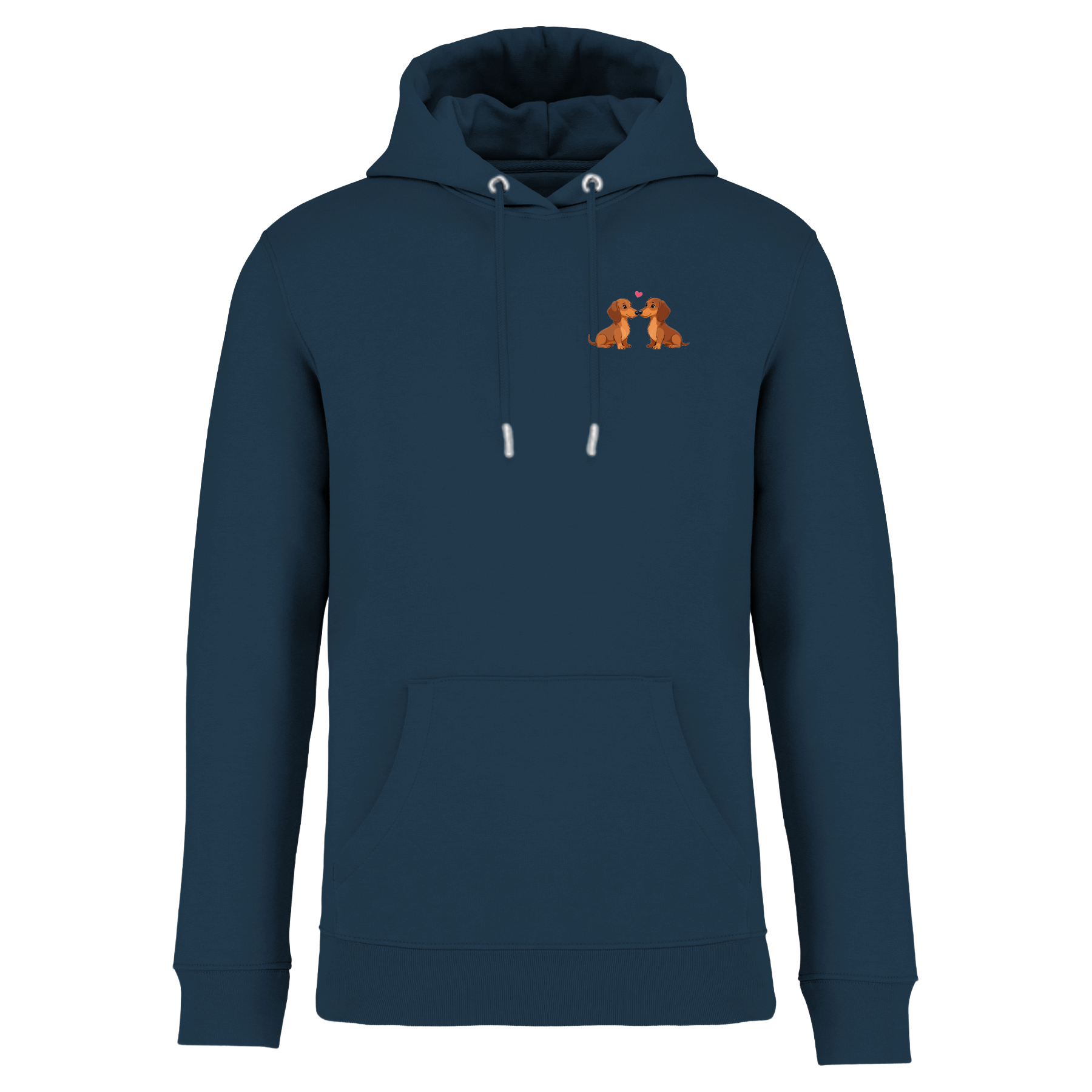 Marineblauer Hoodie mit niedlichen Dackel-Motiv und Herz, nachhaltig – einzigartigbunt