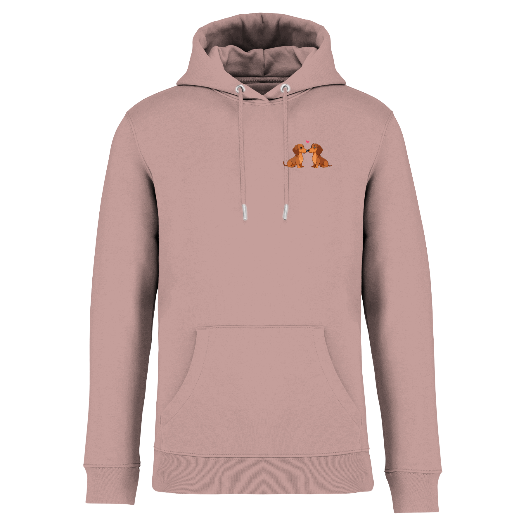 Rosa Hoodie mit niedlichen Dackel-Motiven und Herz, nachhaltig – einzigartigbunt