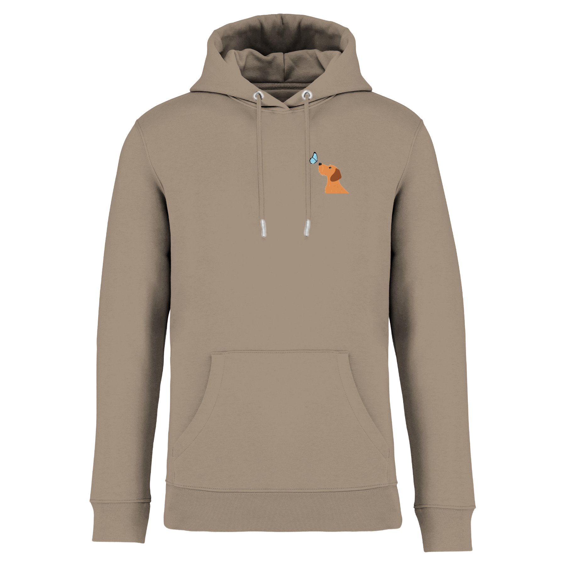 Beige Hoodie mit Dackel-Motiv und Schmetterling, nachhaltig – einzigartigbunt